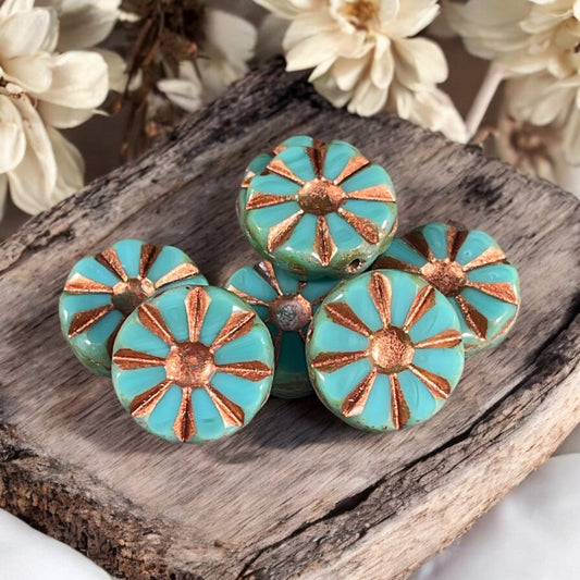 Opaque Turquoise Sunflower Coin Beads with Copper Wash - 12mm Table Cut Coin Flower Beads - Czech Glass Beads (TCF-59) * Qty. 8