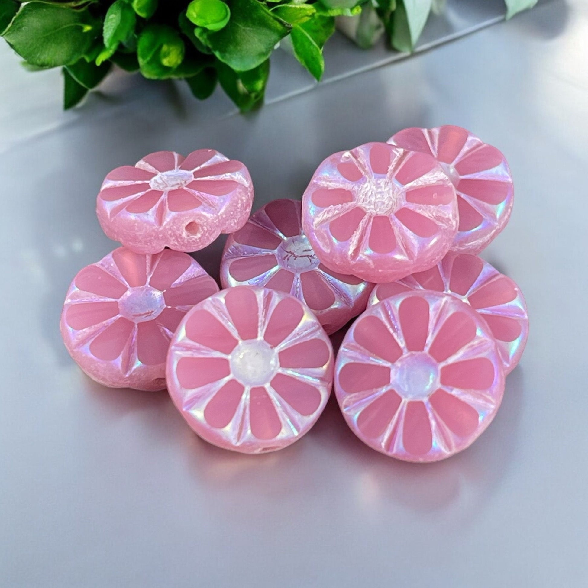 Cotton Candy Pink Opal Sunflower Coin Bead with White AB Finish, 12mm Opaque Light Pink Flower Czech Glass Beads (TCF-52) * Qty. 8