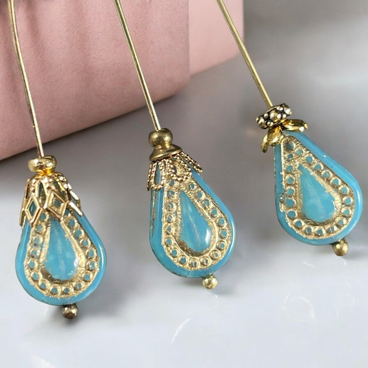 14x10mm Sky Blue Opal with Gold Finish, Flat Teardrop Beads, Czech Glass Beads (FFD6) * Qty. 8