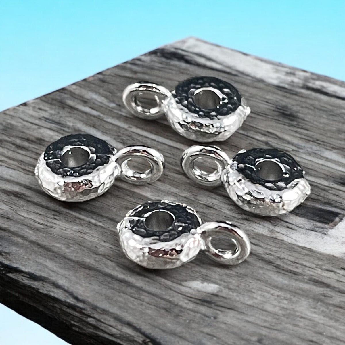 TierraCast Bail, Silver Hammered Rondelle Bead with Loop, White Bronze Plated (PF/892-28) * Qty. 4
