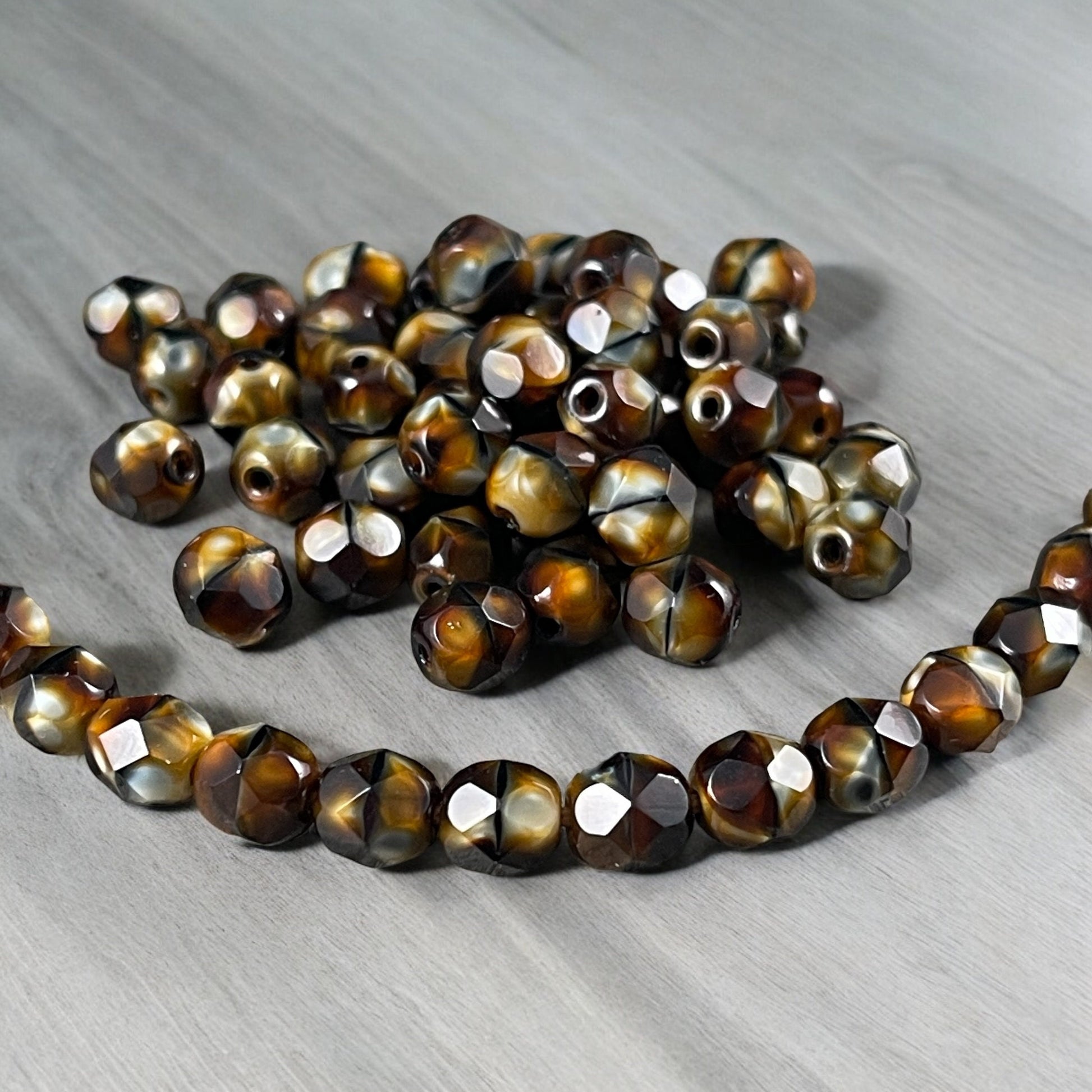 Tigers Eye Czech Glass Beads, 6mm Faceted Round Beads ~ Brown Tortoise Shell Beads (FP-26117) * Qty. 50