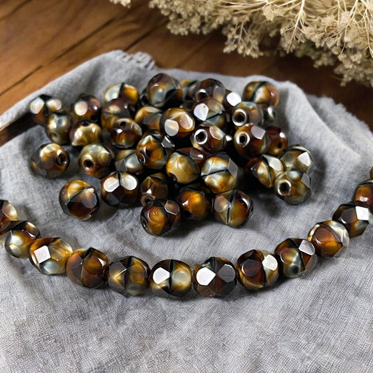 Tigers Eye Czech Glass Beads, 6mm Faceted Round Beads ~ Brown Tortoise Shell Beads (FP-26117) * Qty. 50