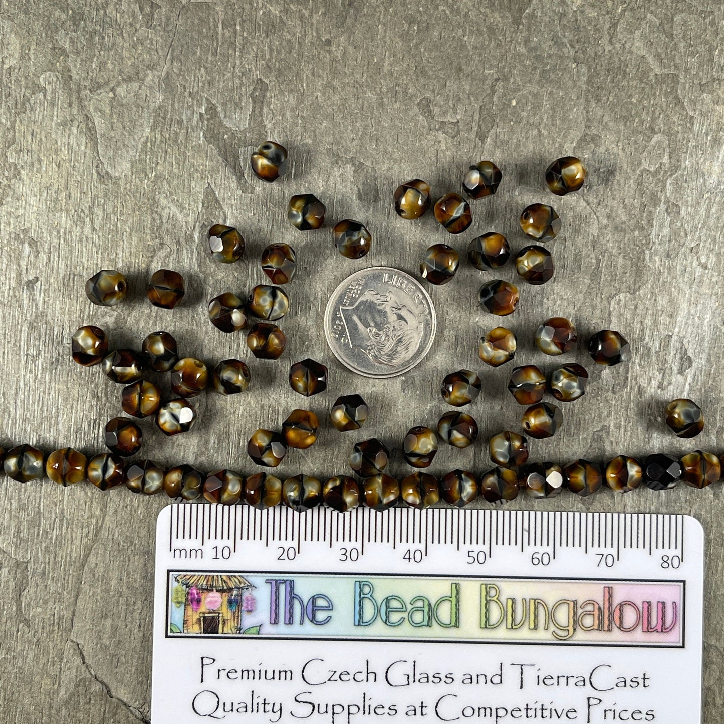 Tigers Eye Czech Glass Beads, 6mm Faceted Round Beads ~ Brown Tortoise Shell Beads (FP-26117) * Qty. 50