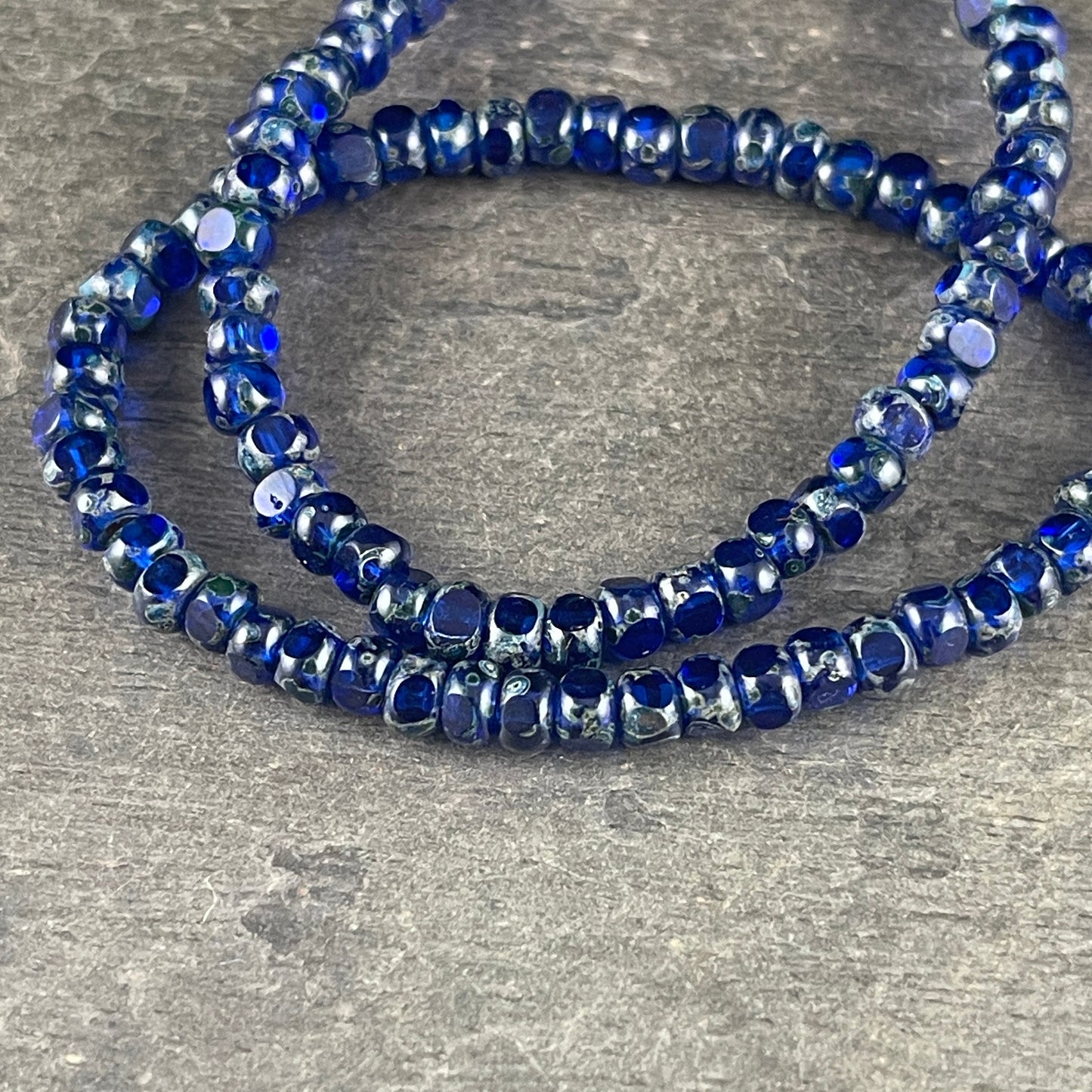 Cobalt Blue Czech Glass Beads, 4x3mm Faceted Seed Beads, Transparent Dark Blue with Picasso Finish (TRICA/RJ-2780) * Qty. 50