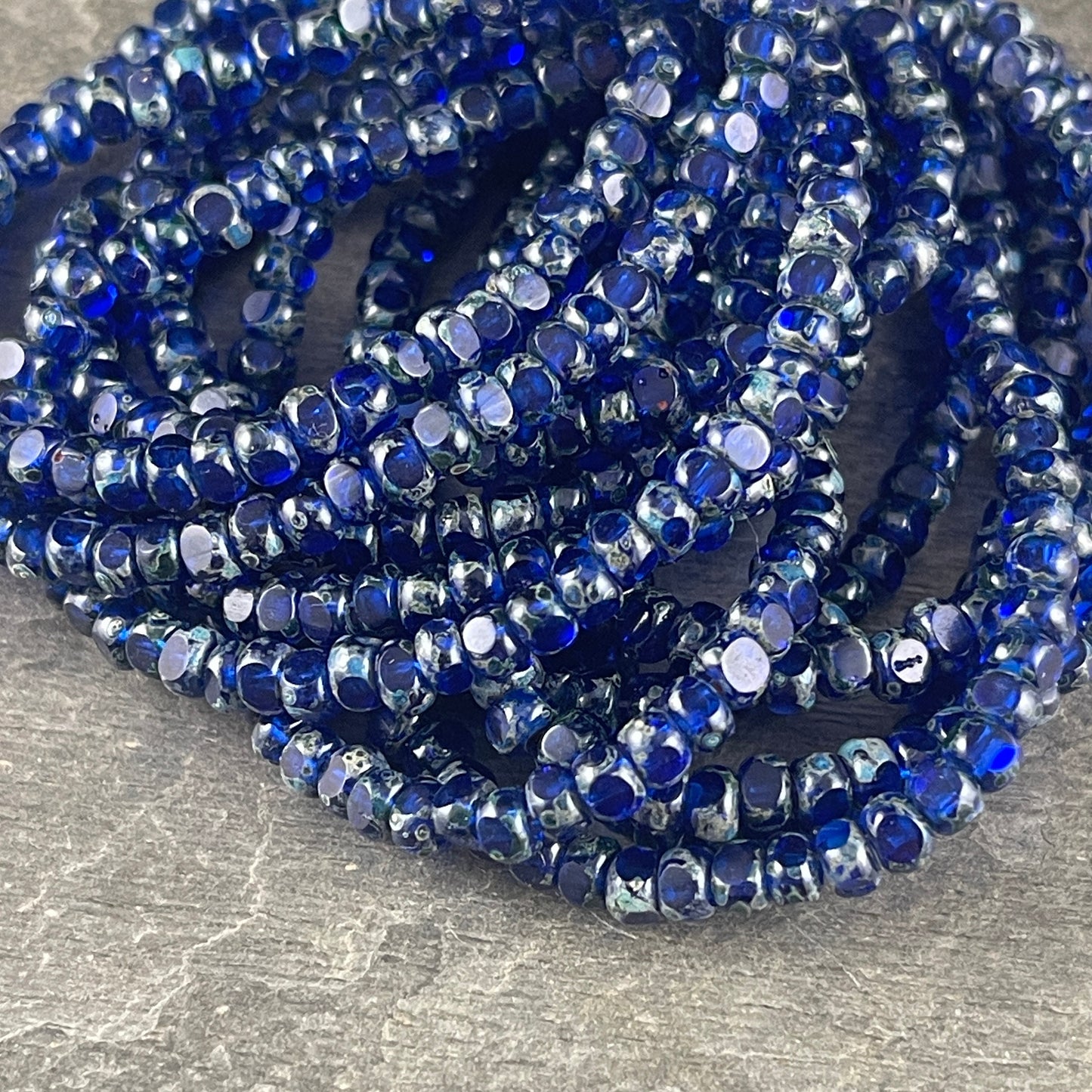 Cobalt Blue Czech Glass Beads, 4x3mm Faceted Seed Beads, Transparent Dark Blue with Picasso Finish (TRICA/RJ-2780) * Qty. 50