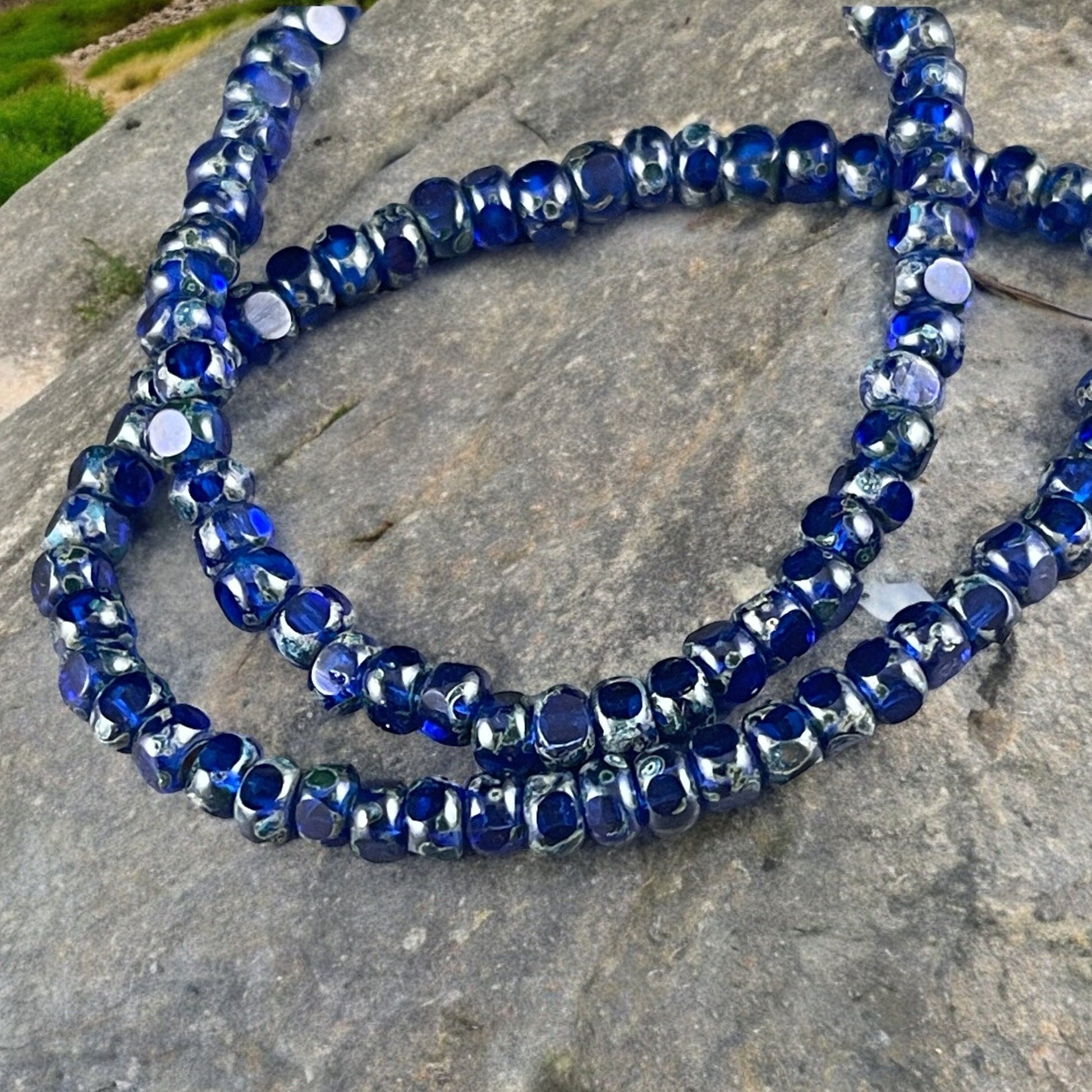 Cobalt Blue Czech Glass Beads, 4x3mm Faceted Seed Beads, Transparent Dark Blue with Picasso Finish (TRICA/RJ-2780) * Qty. 50