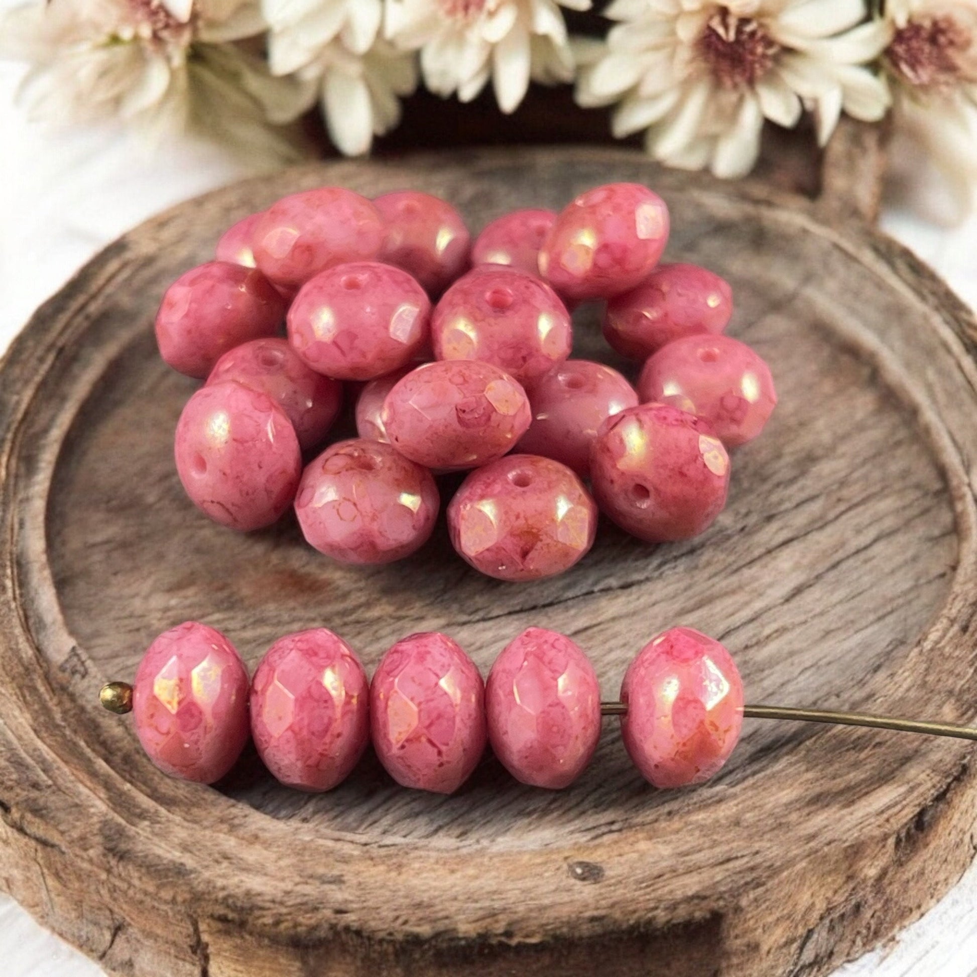 Czech Glass Beads - Salmon Pink Rondelles with Golden Luster, 8x6mm Opaque Pink Faceted Rondelle (R8/N-0600) * Qty. 25