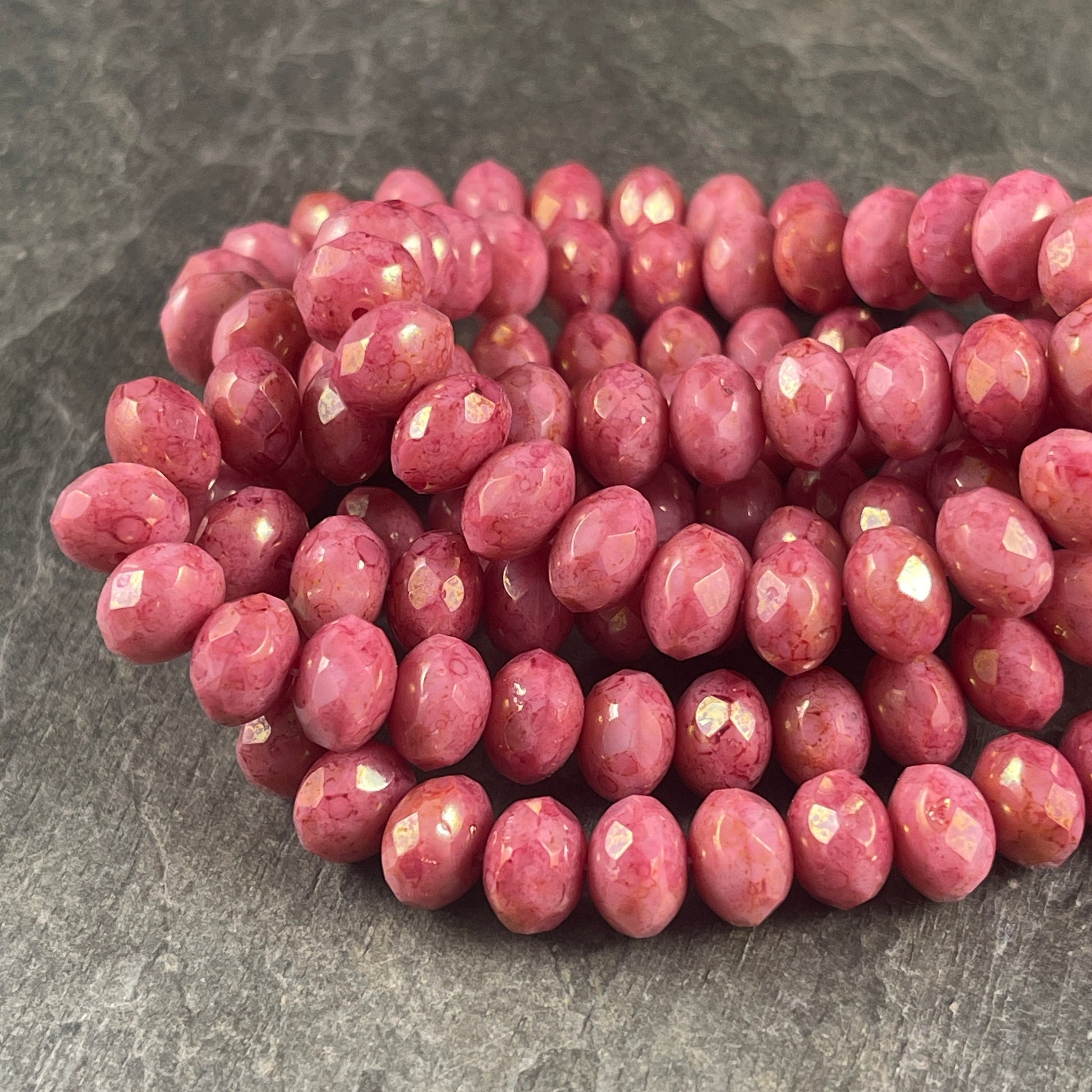 Salmon Pink Rondelles, Pink Czech Glass Beads with Golden Luster, 8x6mm Opaque Pink Faceted Rondelle (R8/N-0600) * Qty. 25