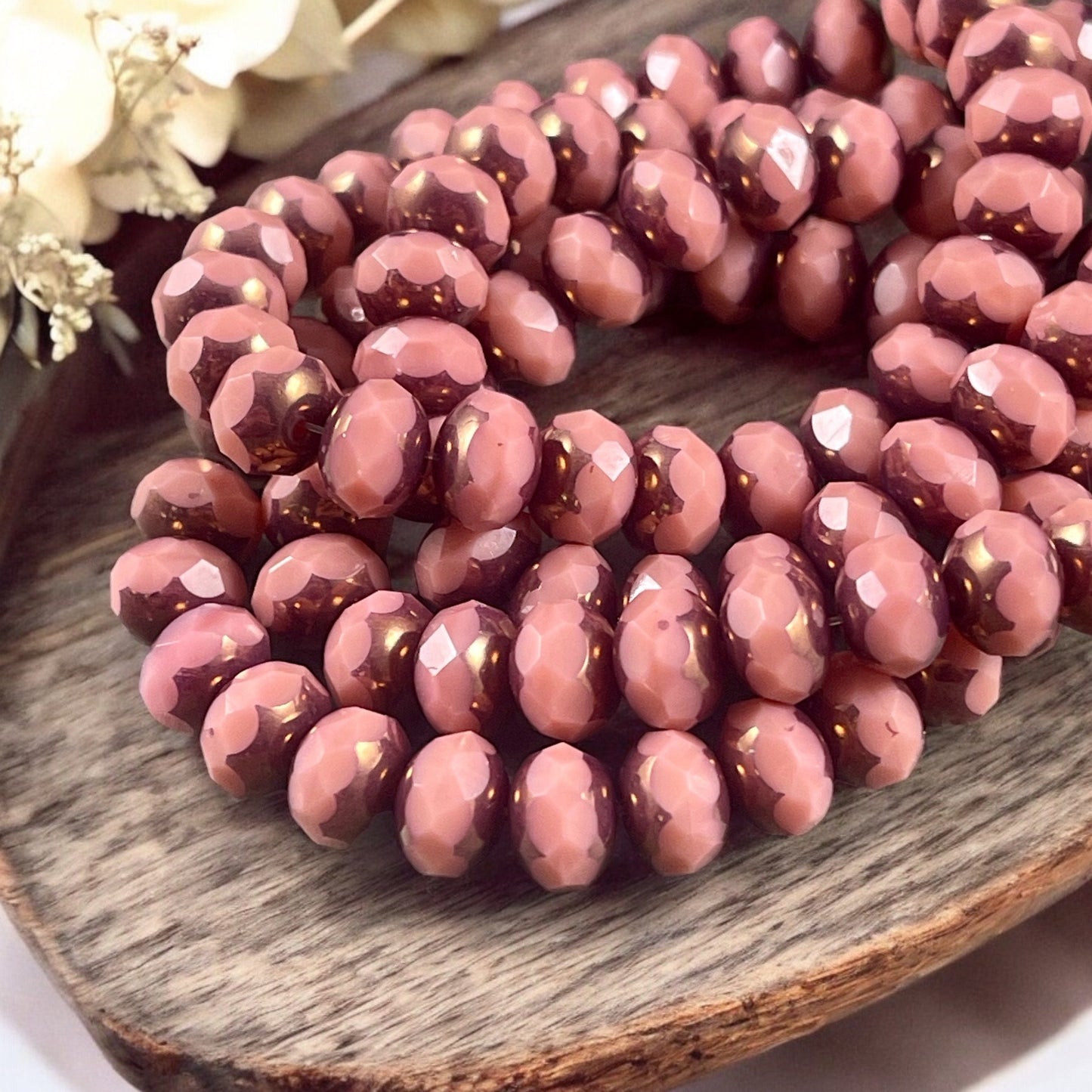 Dusty Rose Pink Rondelles Czech Beads 8x6mm Rondelle Czech Glass Beads Dusty Pink with Bronze Picasso Beads (R8/N-1184) *