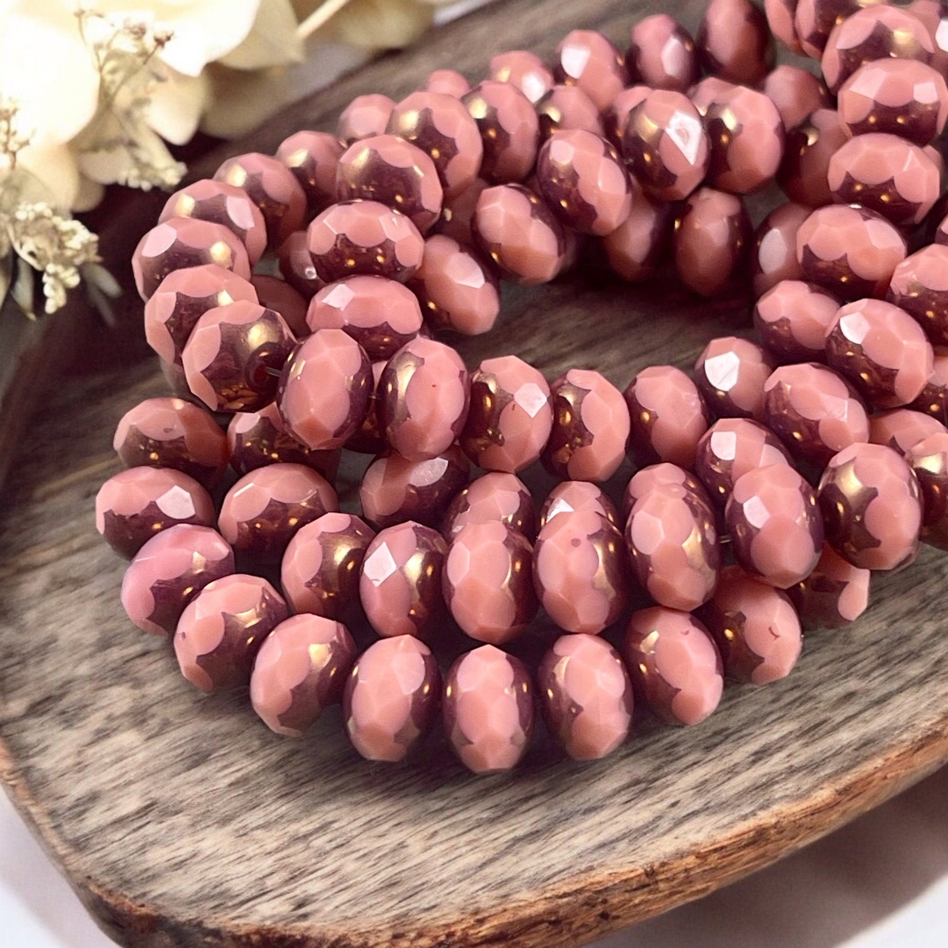 Dusty Rose Pink Rondelles Czech Beads 8x6mm Rondelle Czech Glass Beads Dusty Pink with Bronze Picasso Beads (R8/N-1184) *
