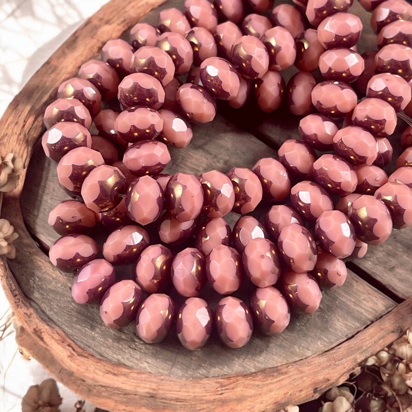 Dusty Rose Pink Rondelles Czech Beads 8x6mm Rondelle Czech Glass Beads Dusty Pink with Bronze Picasso Beads (R8/N-1184) *