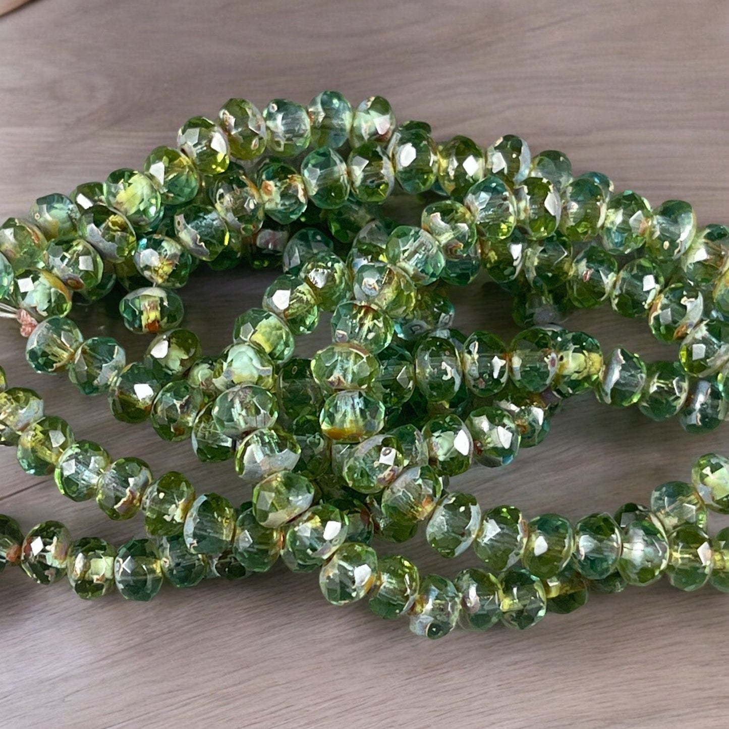 Olive Green and Sky Blue Rondelle, Faceted Czech Glass Beads, 5x3mm Rondelle, Transparent Green Picasso (R5/N-1384) * Qty. 30