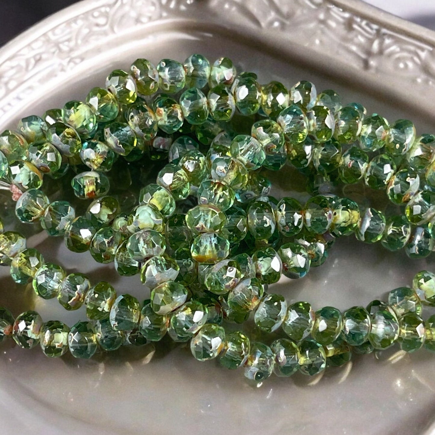 Olive Green and Sky Blue Rondelle, Faceted Czech Glass Beads, 5x3mm Rondelle, Transparent Green Picasso (R5/N-1384) * Qty. 30