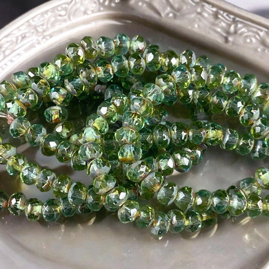 Czech Glass - 3x5mm Faceted Rondelle, Olive Green and Sky BluePicasso (R5/N-1384) * Qty. 30