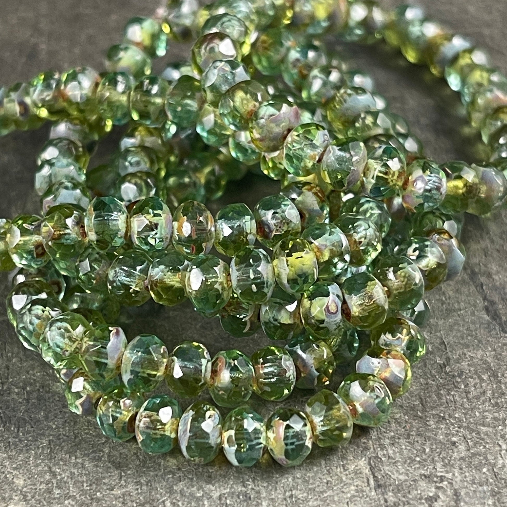 Olive Green and Sky Blue Rondelle, Faceted Czech Glass Beads, 5x3mm Rondelle, Transparent Green Picasso (R5/N-1384) * Qty. 30