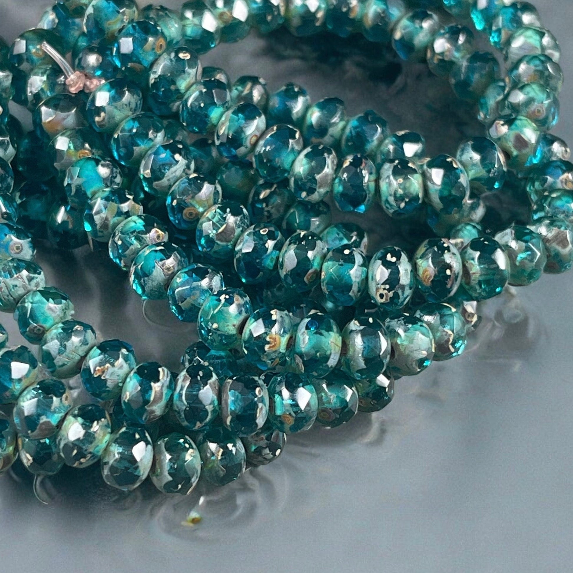 Czech Glass Beads - Pacific Blue 5x3mm Faceted Rondelle, Transparent Ocean Blue Picasso (R5/N-1357) * Qty. 30