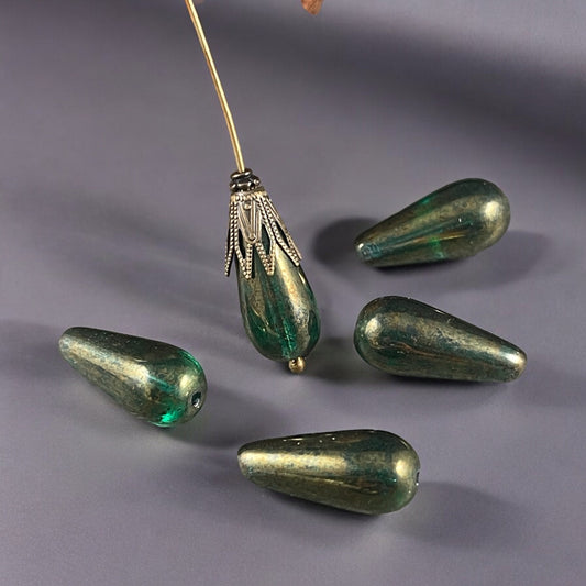 20x9mm Emerald Green Teardrop Beads, Czech Glass Beads, Transparent Green with Gold Luster, Elongated Teardrop (DRO/N-0035) * Qty. 6