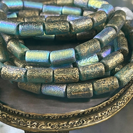 Czech Beads - 9x5mm Tube Bead, Etched Sky Blue with AB and Gold Finishes (TBE/N-1737) * 16 Beads