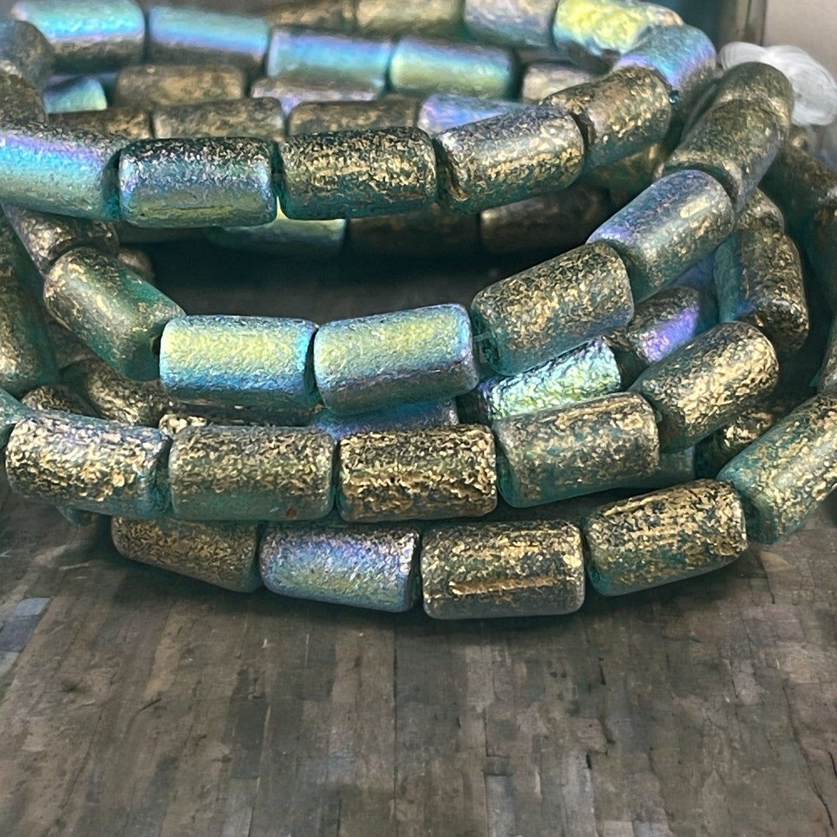 Czech Beads - 9x5mm Tube Bead, Etched Sky Blue with AB and Gold Finishes (TBE/N-1737) * 16 Beads