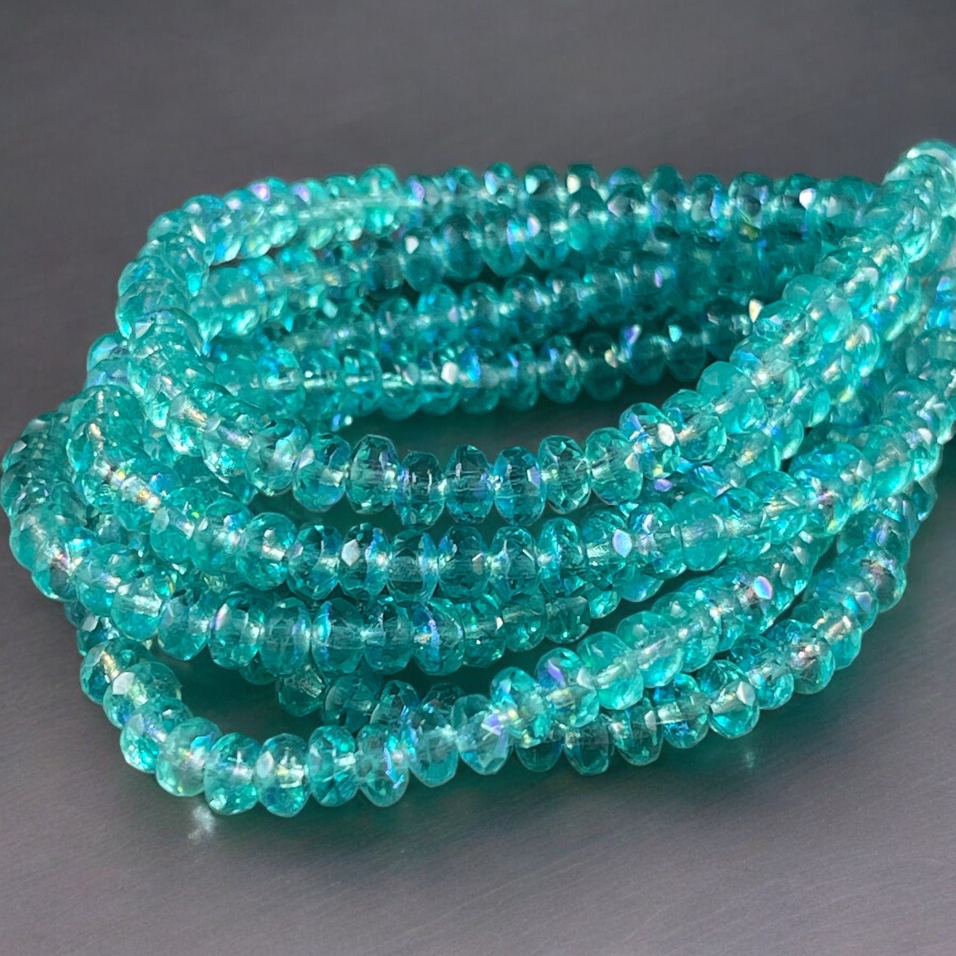 Faceted Tiffany Blue Czech Glass Rondelles, Transparent Blue with AB Finish, 4x2.5mm Blue Spacer Beads (RON3/N-0892) * Qty. 50