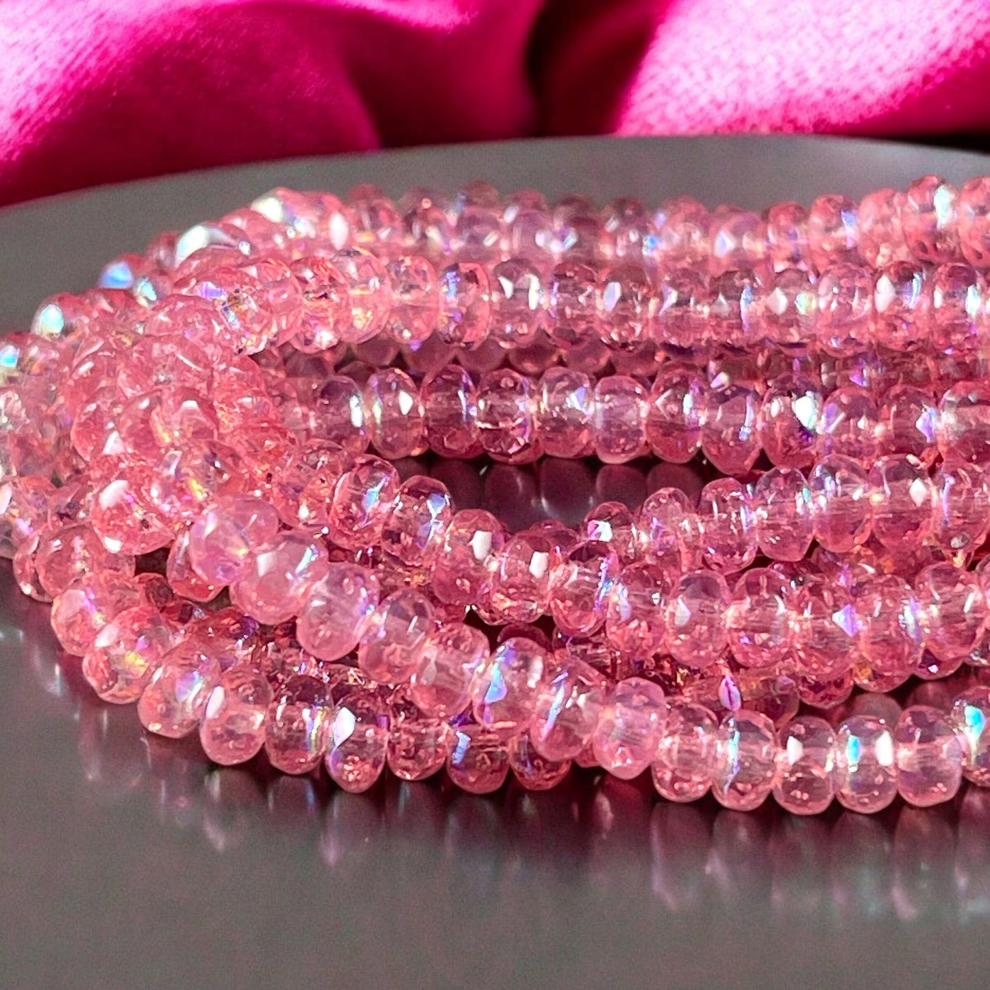 Faceted Pink Czech Glass Rondelles, Transparent Dark Pink with AB Finish, 4x2.5mm Pink Spacer Beads (RON3/N-0904) * Qty. 50