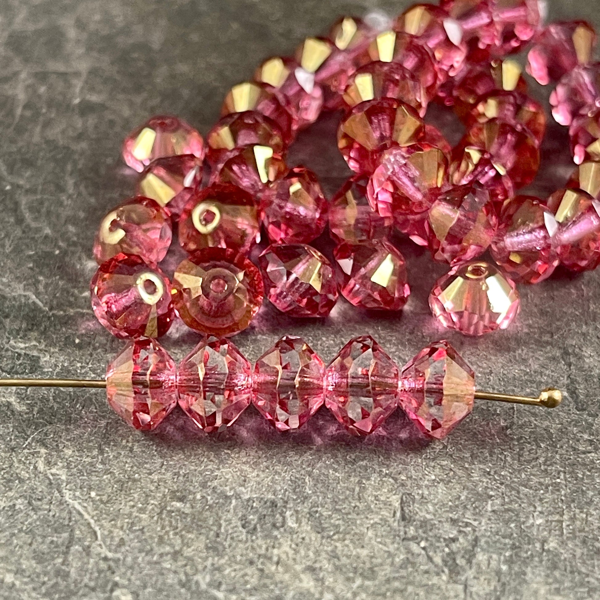 Transparent Glass with Golden Fuchsia Pink Picasso Finish, 6x9mm Faceted Saucer Czech Glass Beads (SAU/N-0402) * Qty. 15