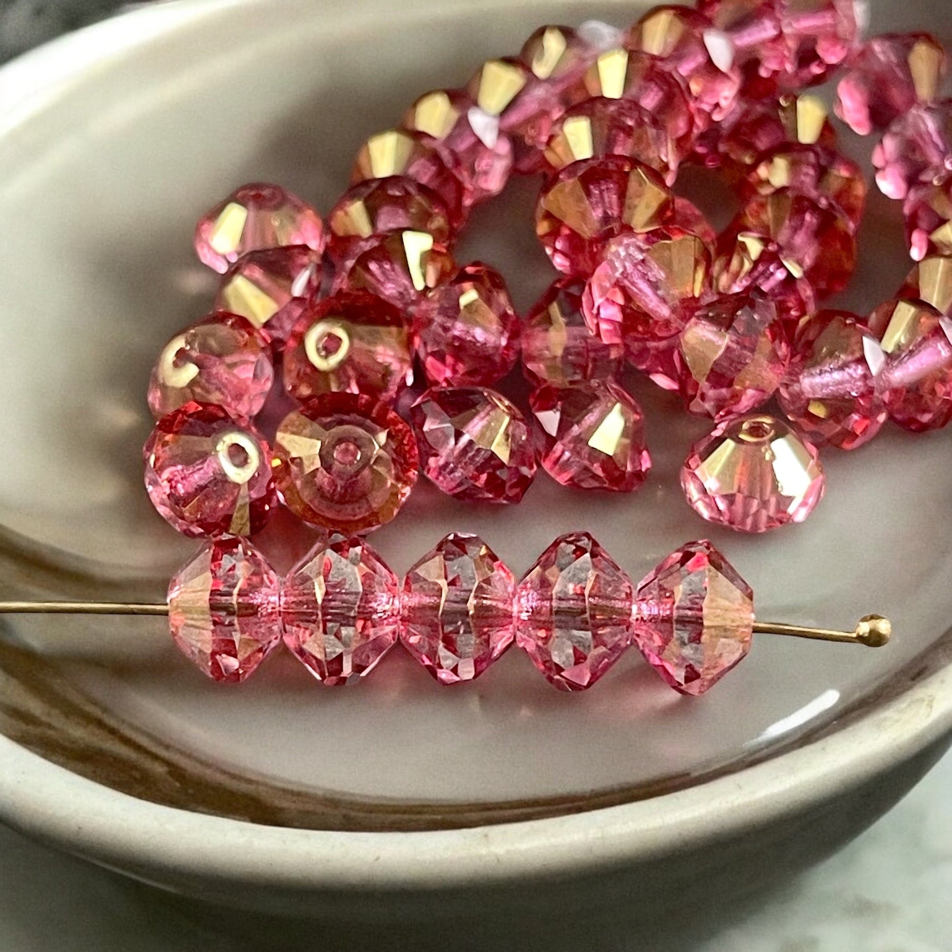 Transparent Glass with Golden Fuchsia Pink Picasso Finish, 6x9mm Faceted Saucer Czech Glass Beads (SAU/N-0402) * Qty. 15