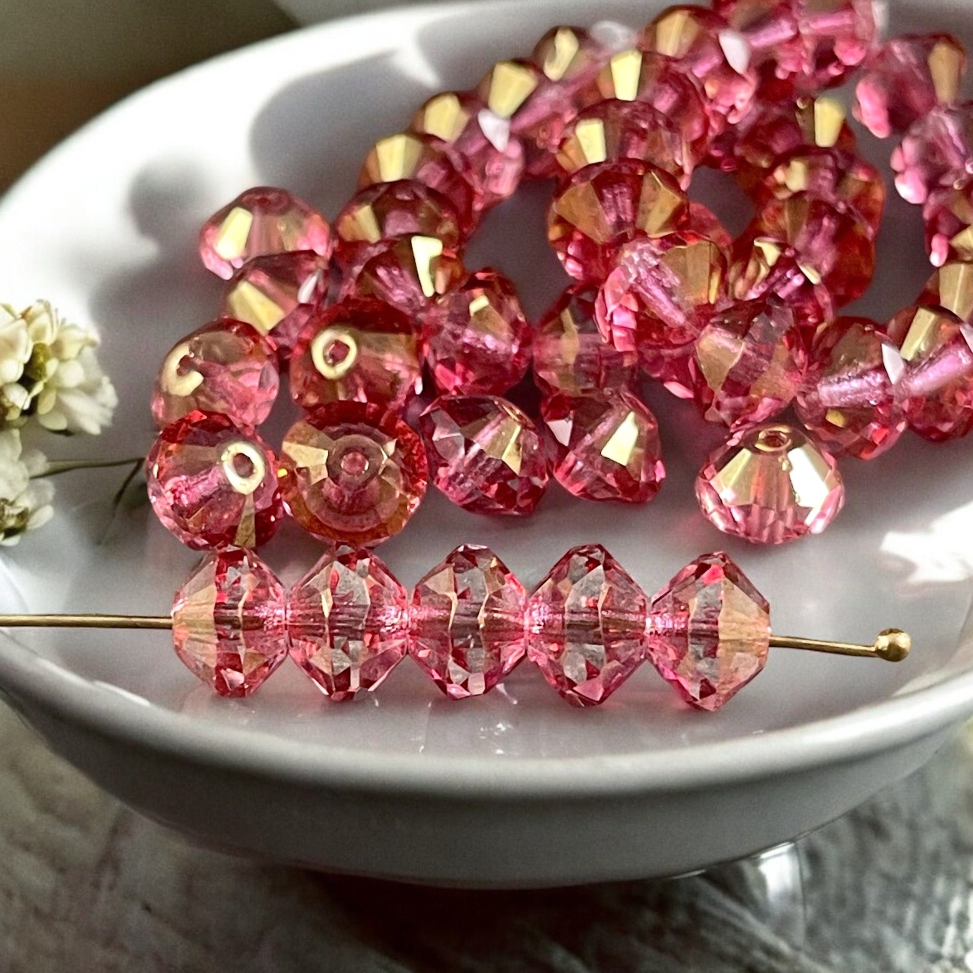 Transparent Glass with Golden Fuchsia Pink Picasso Finish, 6x9mm Faceted Saucer Czech Glass Beads (SAU/N-0402) * Qty. 15