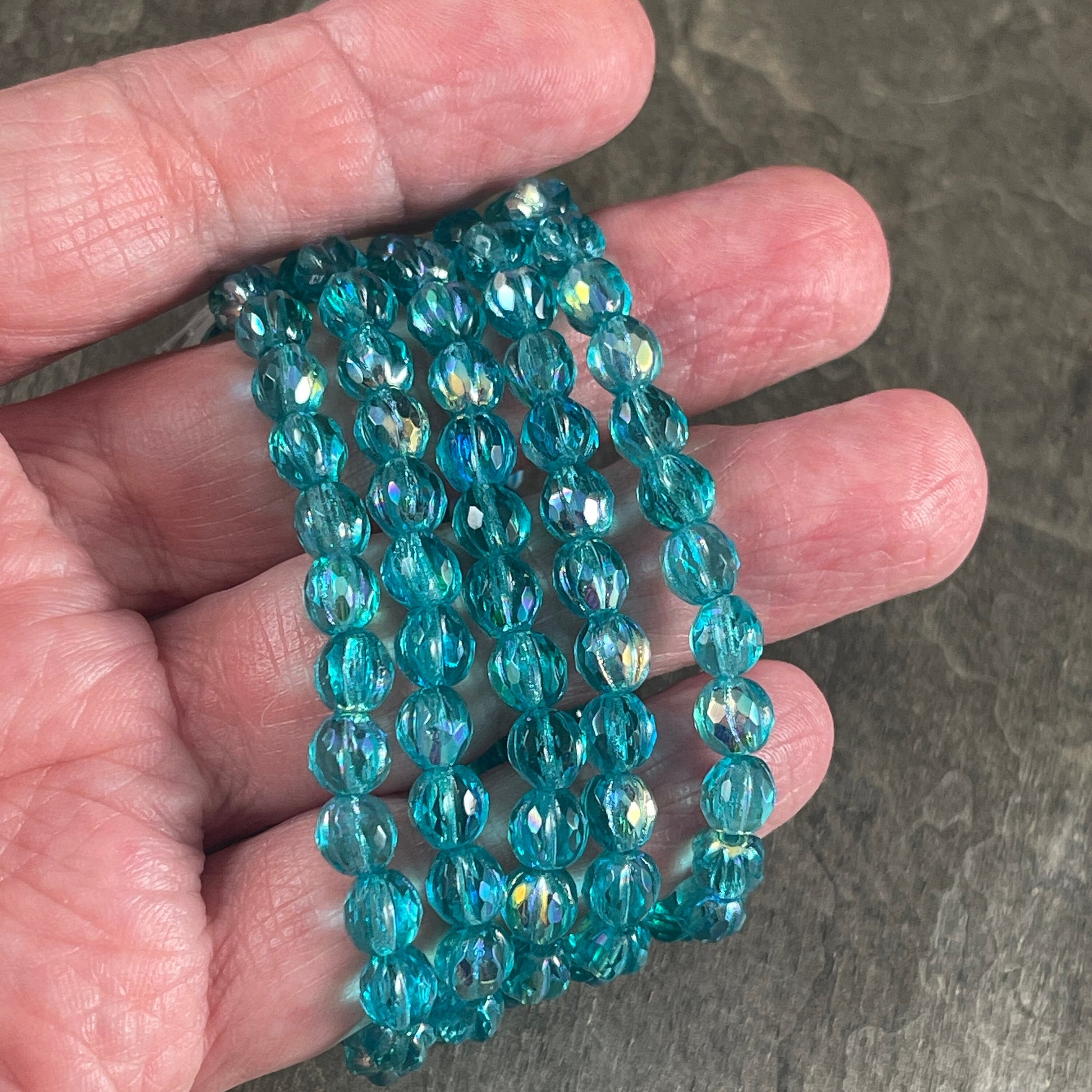 6mm Sky Blue Czech Glass Faceted Melon Shape Beads, Transparent Blue Glass with AB Finish (FM6/N-1973) * Qty. 25
