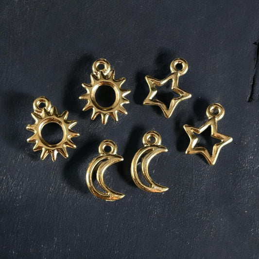 TierraCast Celestial Charms, Sun Charms, Crescent Moon Charms, Star Charms, 24k Gold Plated Findings Charm Bracelet (PF/Celestial) *