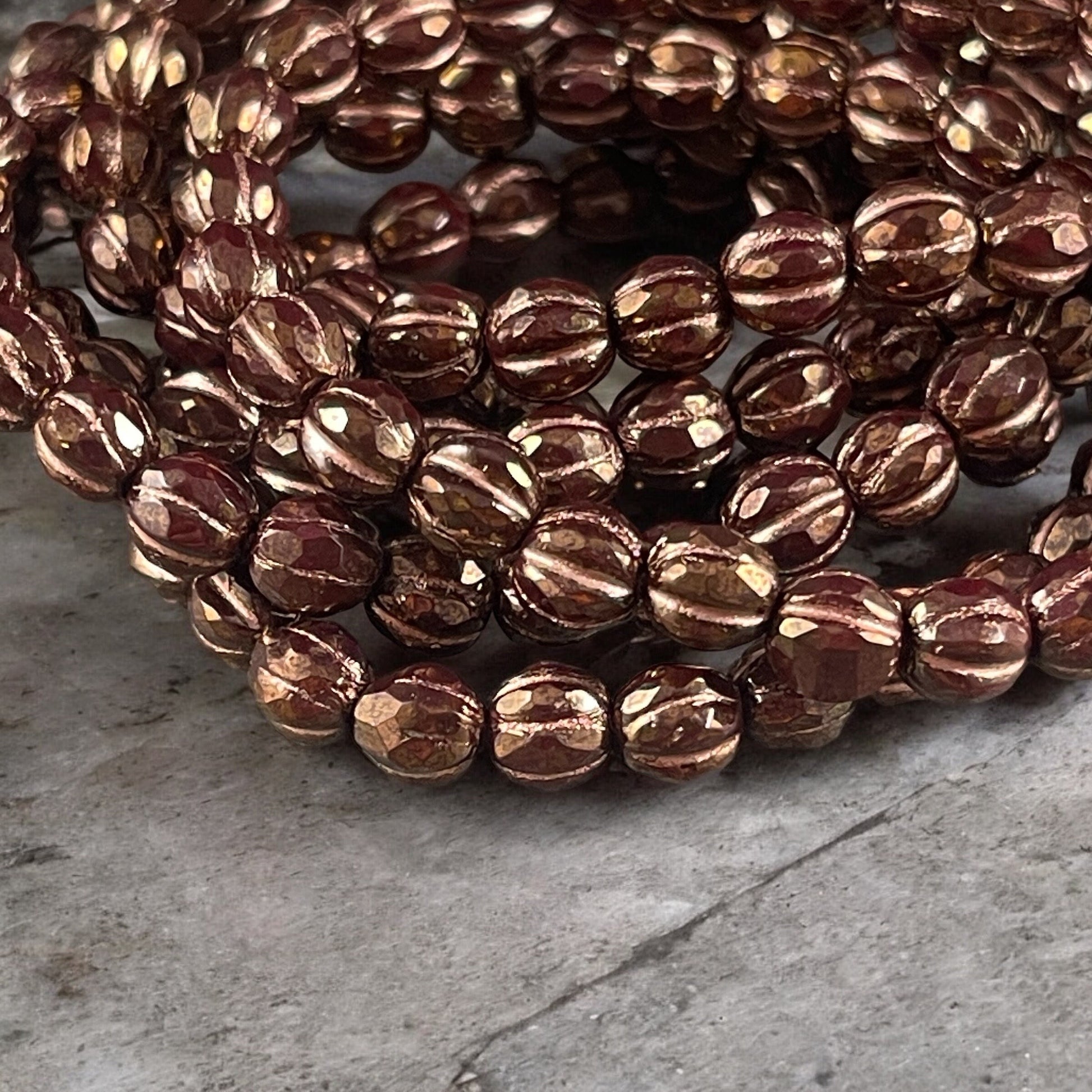 6mm Dark Brown Czech Glass, Faceted Melon Shape Beads, Brown with Bright Copper Wash (FM6/N-2012) * Qty. 25