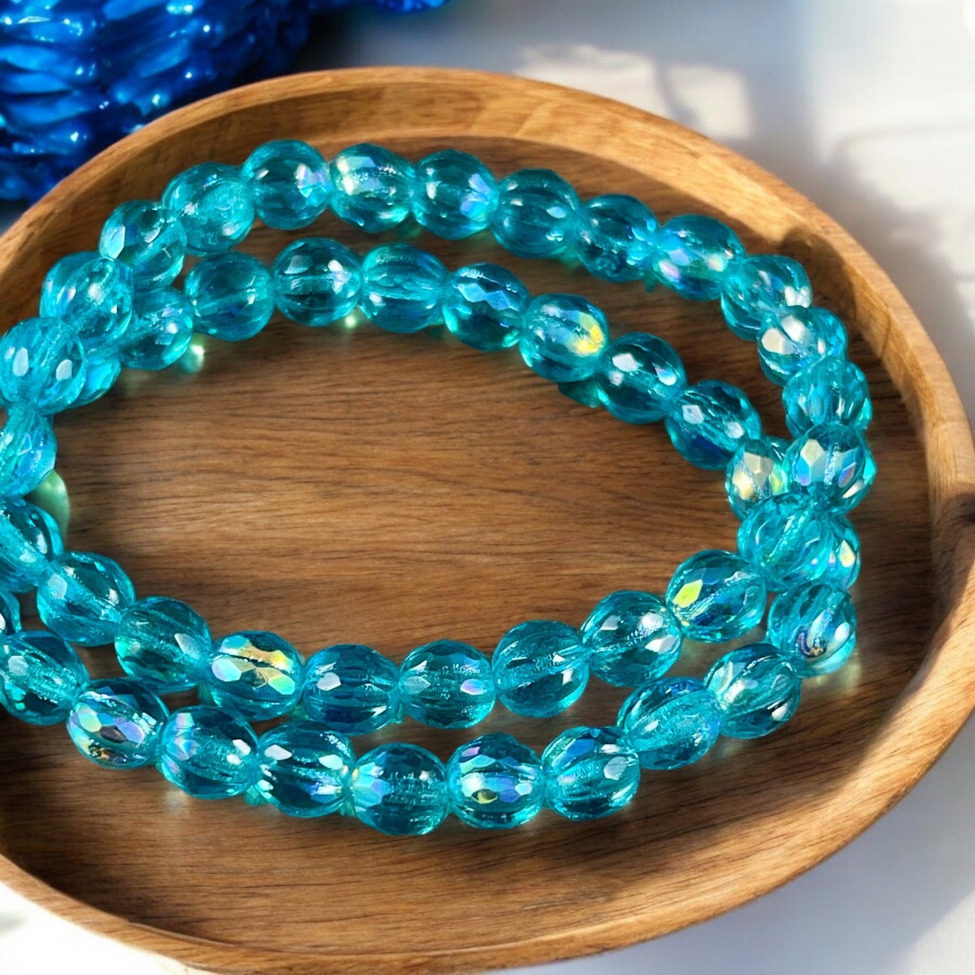 6mm Sky Blue Czech Glass Faceted Melon Shape Beads, Transparent Blue Glass with AB Finish (FM6/N-1973) * Qty. 25