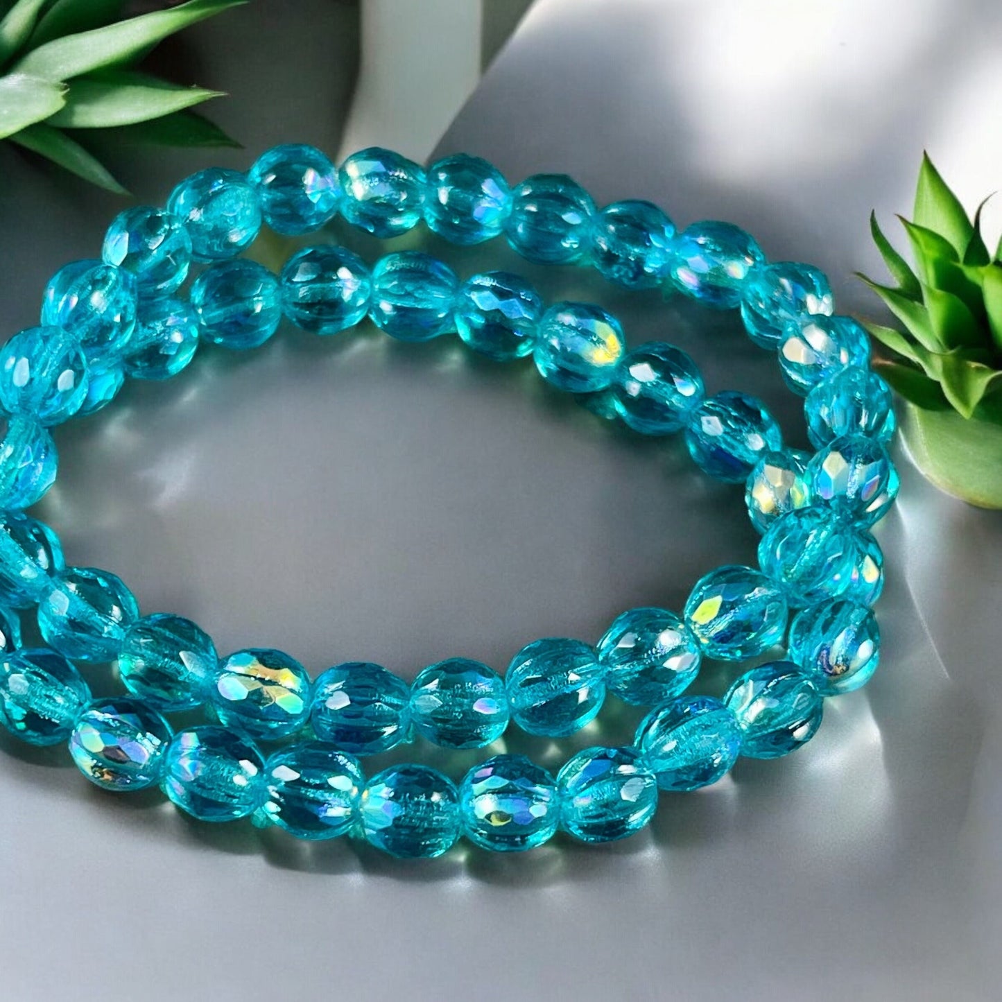 6mm Sky Blue Czech Glass Faceted Melon Shape Beads, Transparent Blue Glass with AB Finish (FM6/N-1973) * Qty. 25