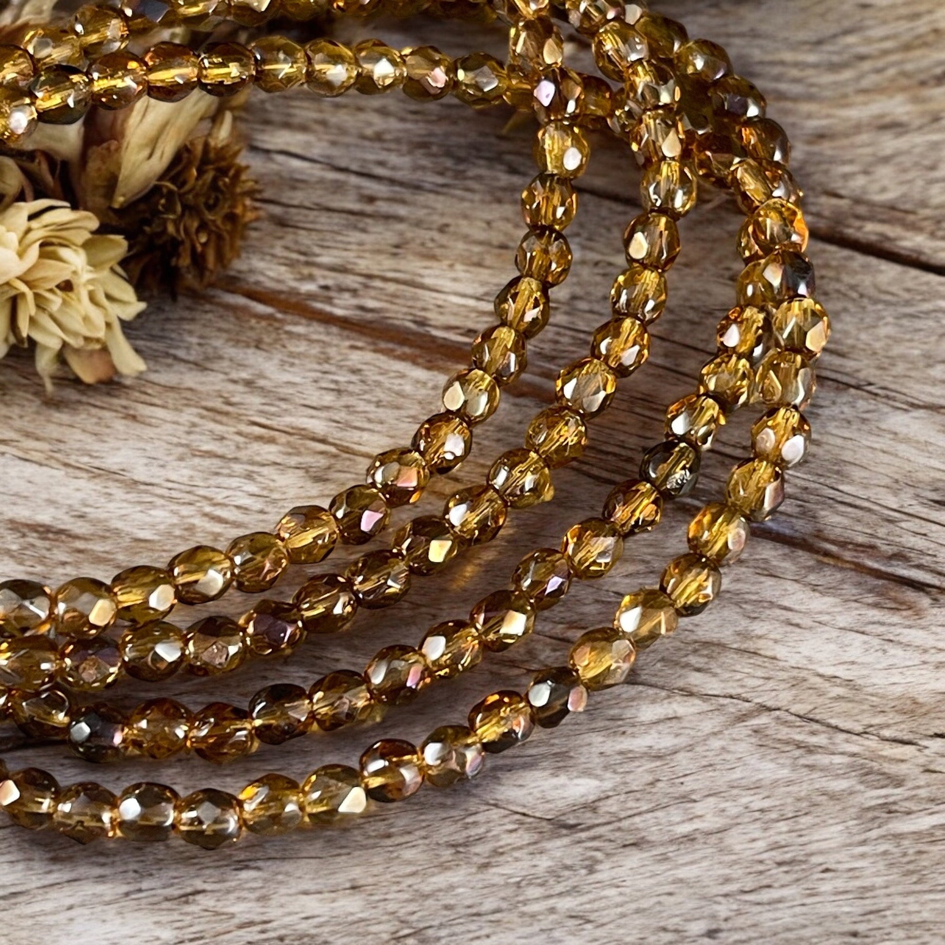 4mm Golden Luster Czech Glass Fire Polished, Faceted Round Beads ~ Honey Golden Topaz Luster (FP4/N-088) - Qty 50