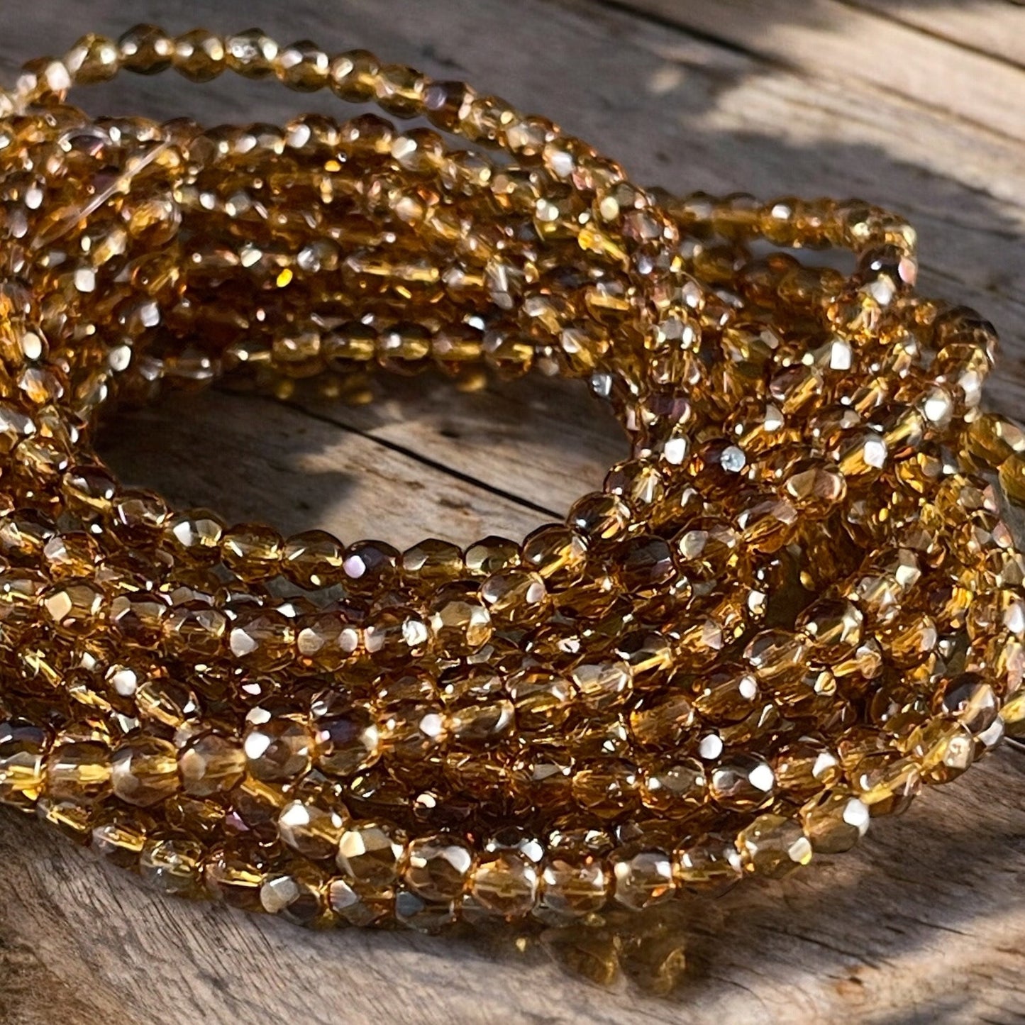 4mm Golden Luster Czech Glass Fire Polished, Faceted Round Beads ~ Honey Golden Topaz Luster (FP4/N-088) - Qty 50