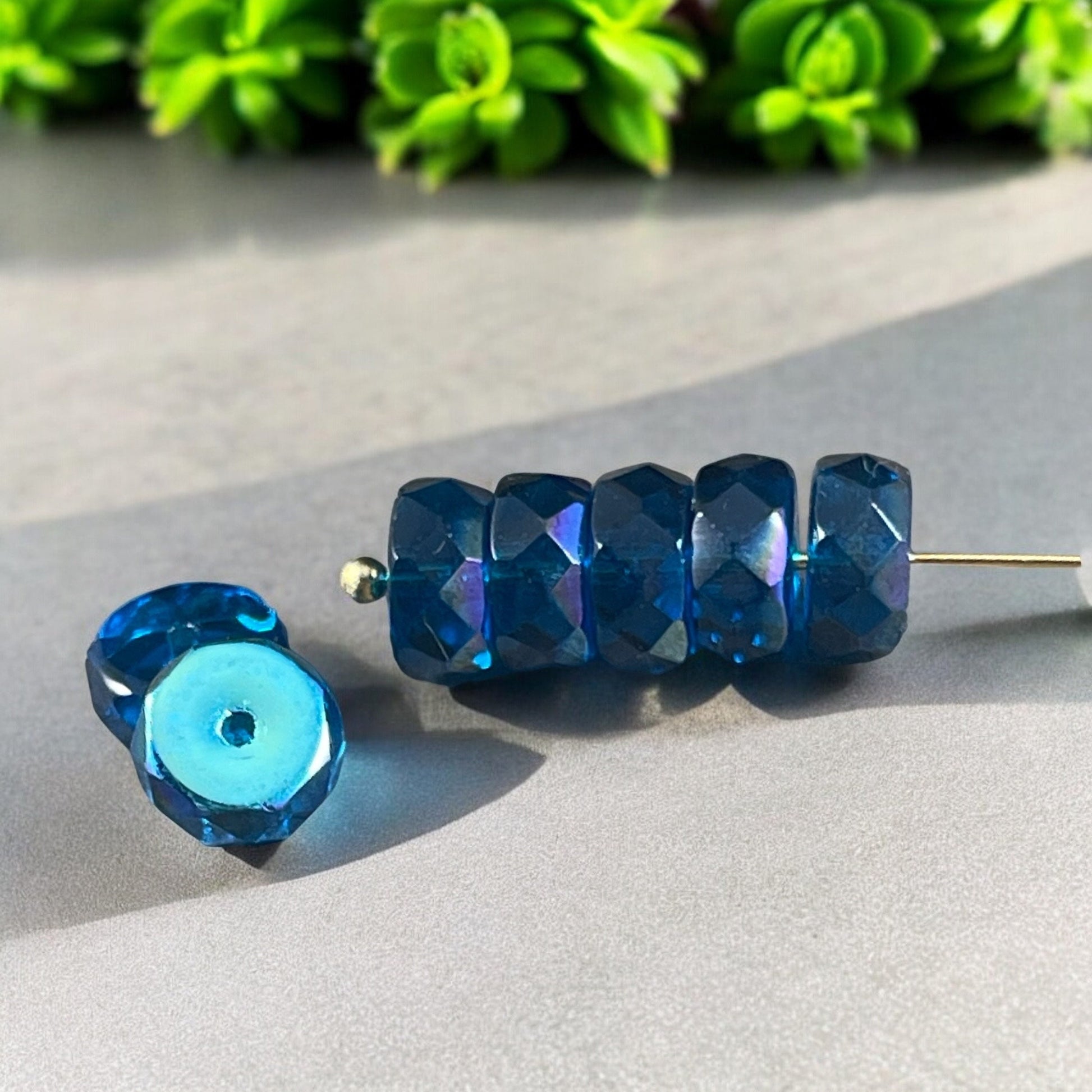 6mm Capri Blue Faceted Heishi Rondelle, Czech Glass Beads, Pacific Blue with AB Finish (FHE/N-1980) * Qty. 15