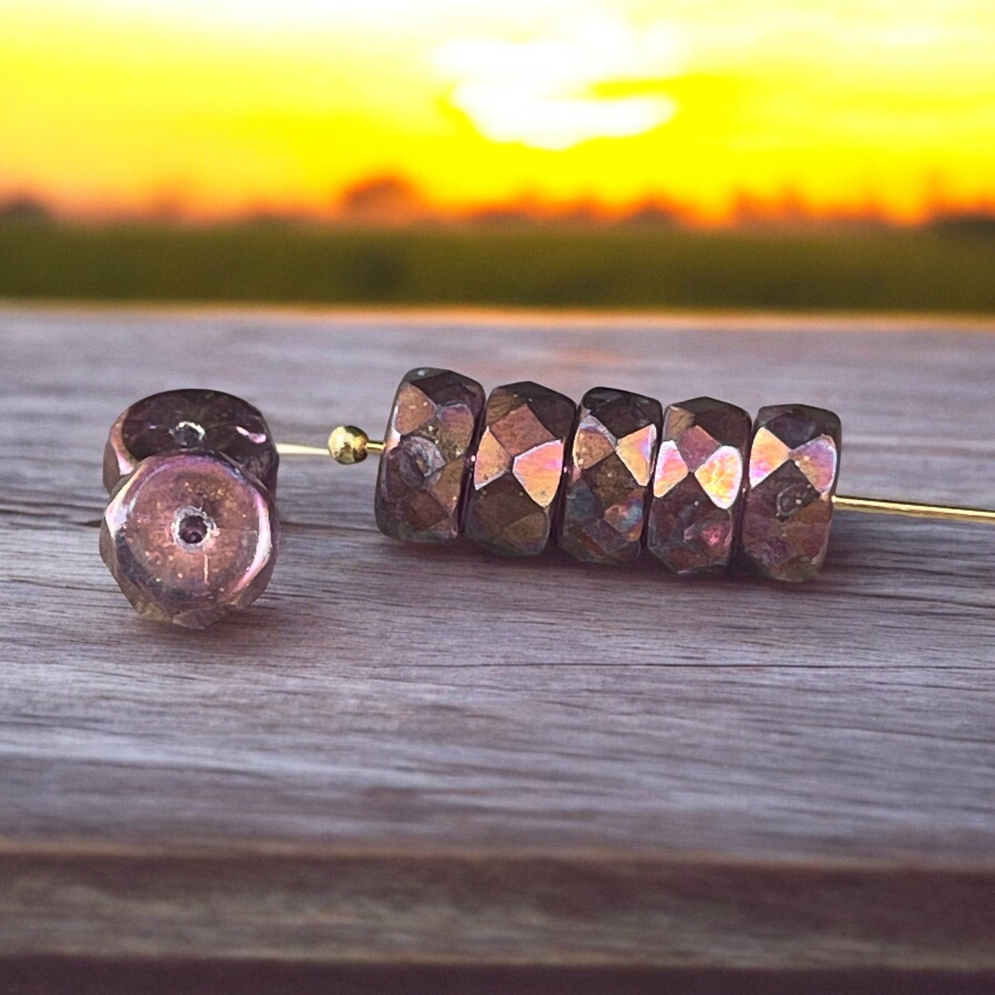 6mm Purple Faceted Heishi Rondelle, Czech Glass Beads, Thistle with Metallic Purple and Copper Finishes (FHE/N-1969) * Qty. 15