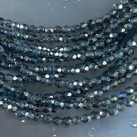 Czech Glass Beads - 4mm Faceted Round, Sapphire Picasso (FP4/SM-T3005) * Qty 50