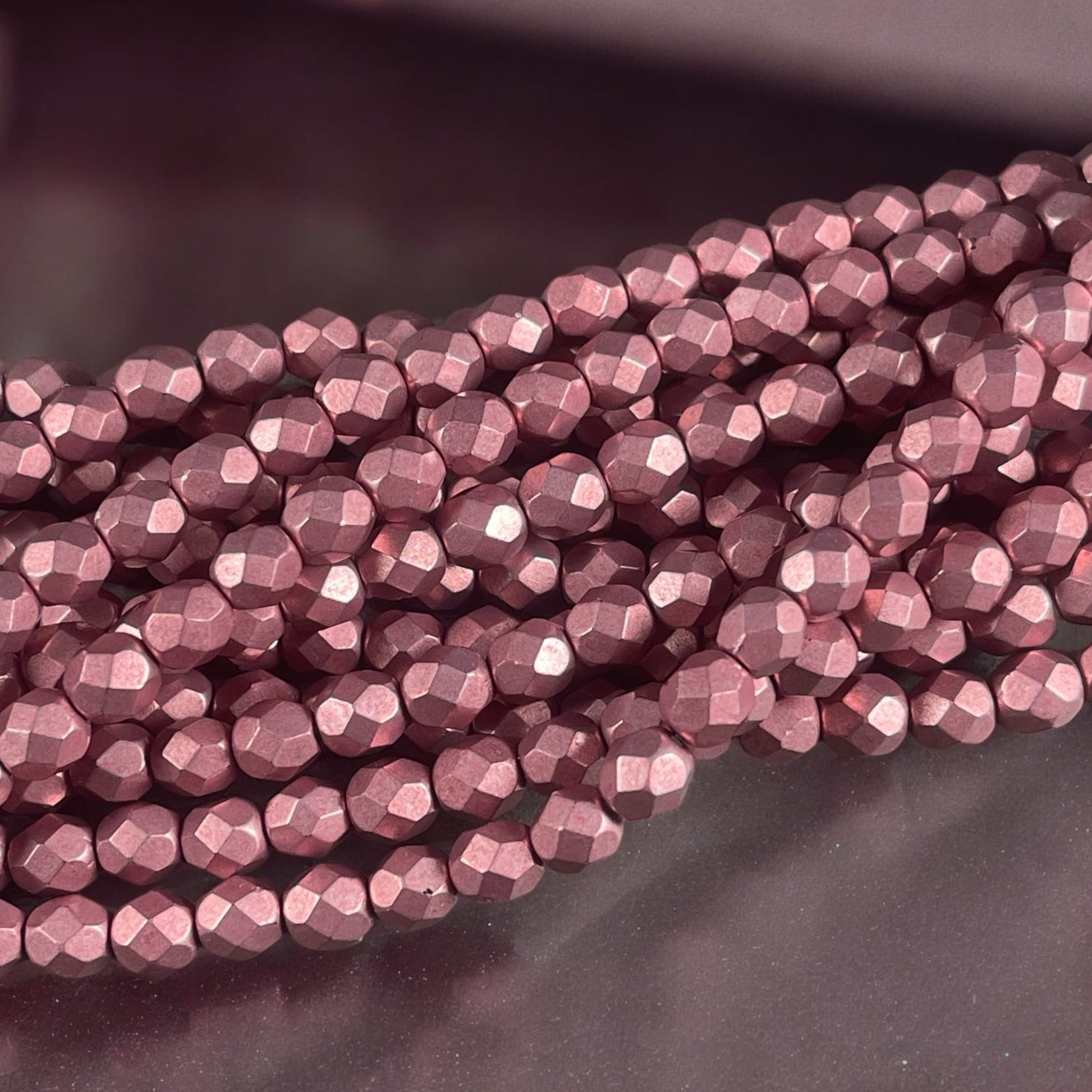 Czech Glass Beads 6mm Pink Metallic Fire Polished Beads 6mm Faceted Round Beads - Light Rose Gold Metallic Beads (FP6/SM-05A07) * Qty. 25