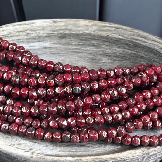 Czech Glass Beads - 3mm English Cut Faceted Cube Glass Beads - Brick Red with Bronze Picasso Beads (EC/SM-BT9320) * Qty. 50