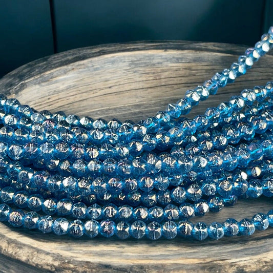 Czech Glass Beads - 3mm English Cut, Blue Luster Glass Beads Small Capri Blue Glass Beads with Luster Iris (EC/SM-LR6008) * Qty. 50