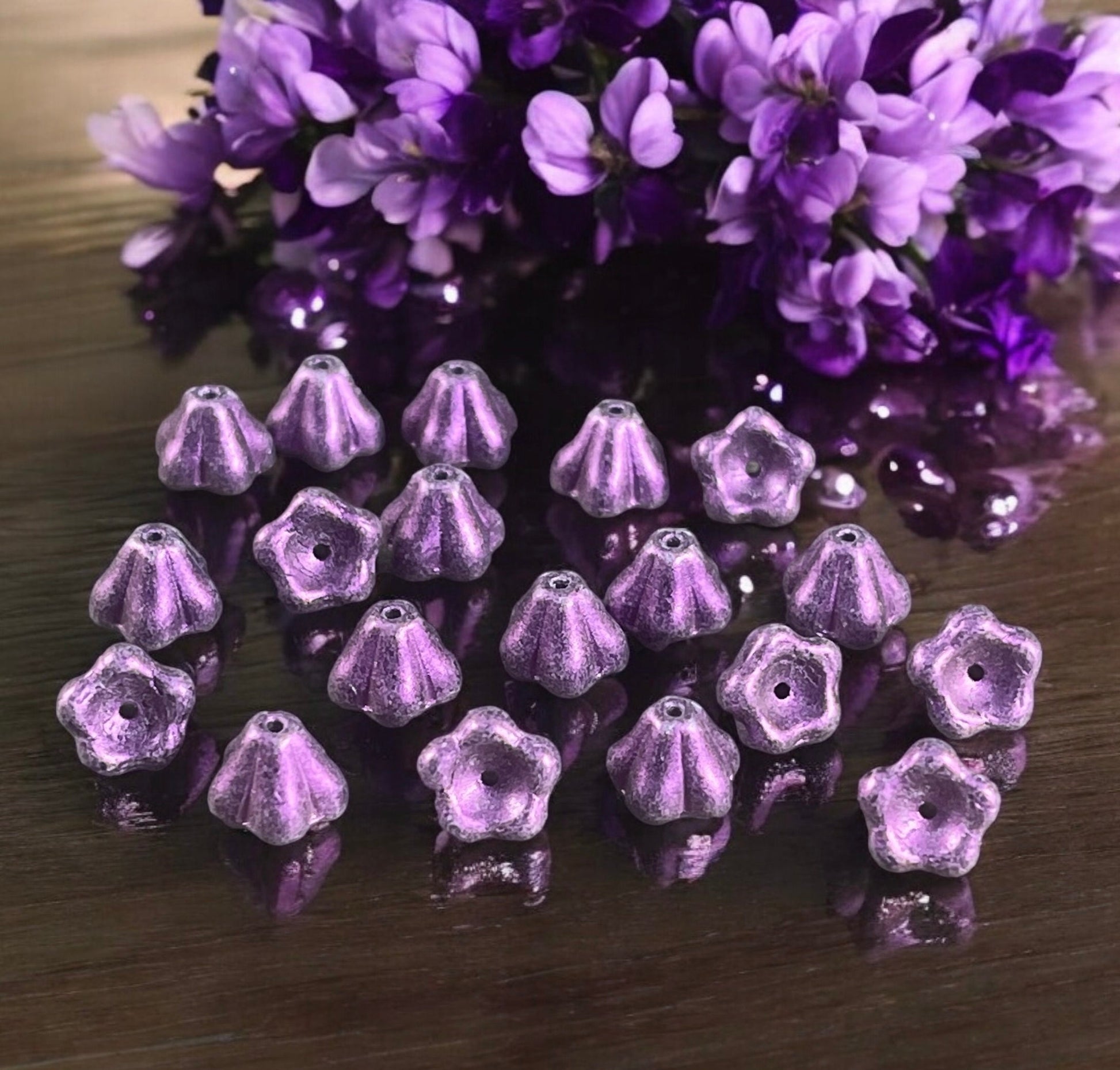 Metallic Lavender Czech Glass Bell Flower, 8x6mm Purple Flower with Opalescent Finish (BF/SM-S14C2051) *