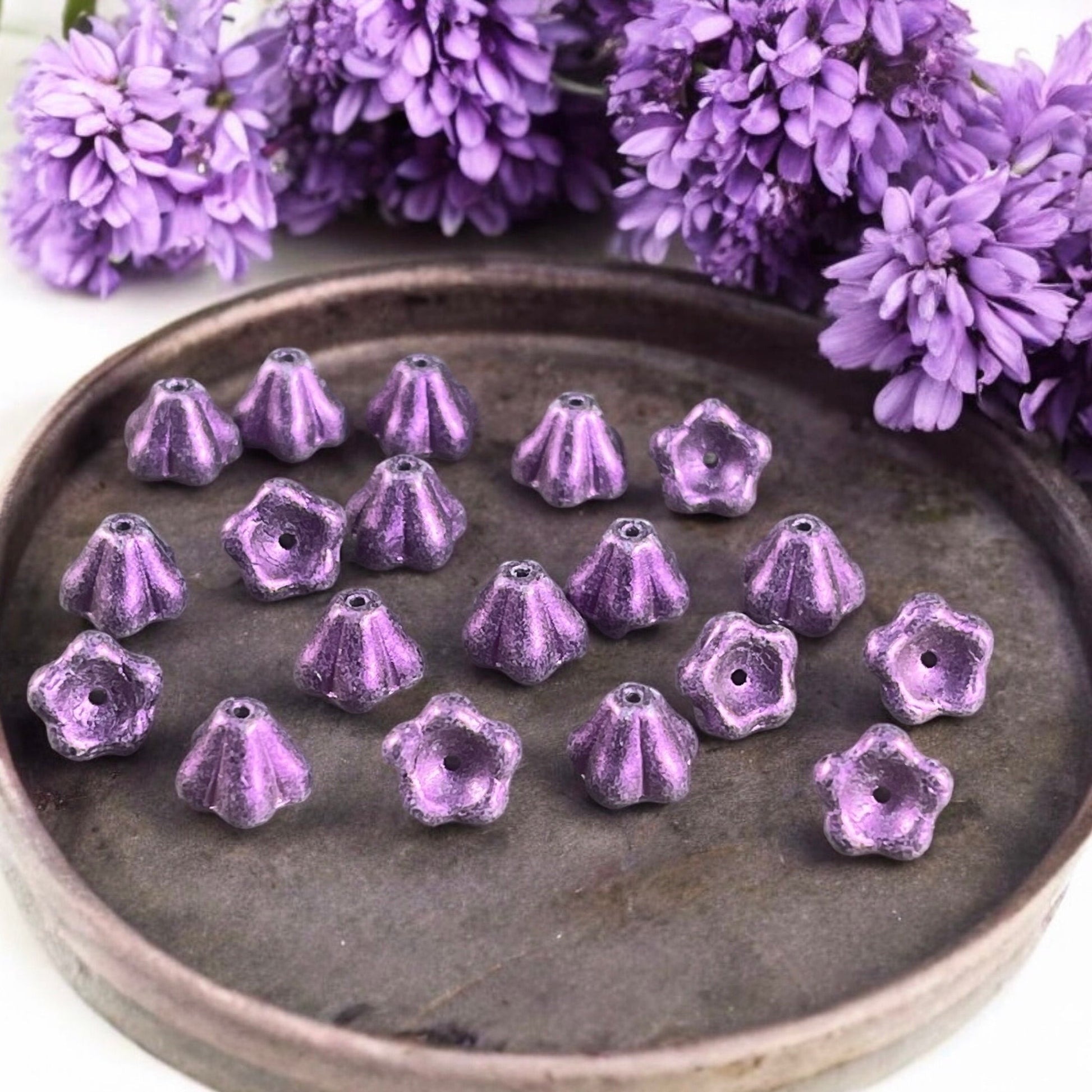 Metallic Lavender Czech Glass Bell Flower, 8x6mm Purple Flower with Opalescent Finish (BF/SM-S14C2051) *