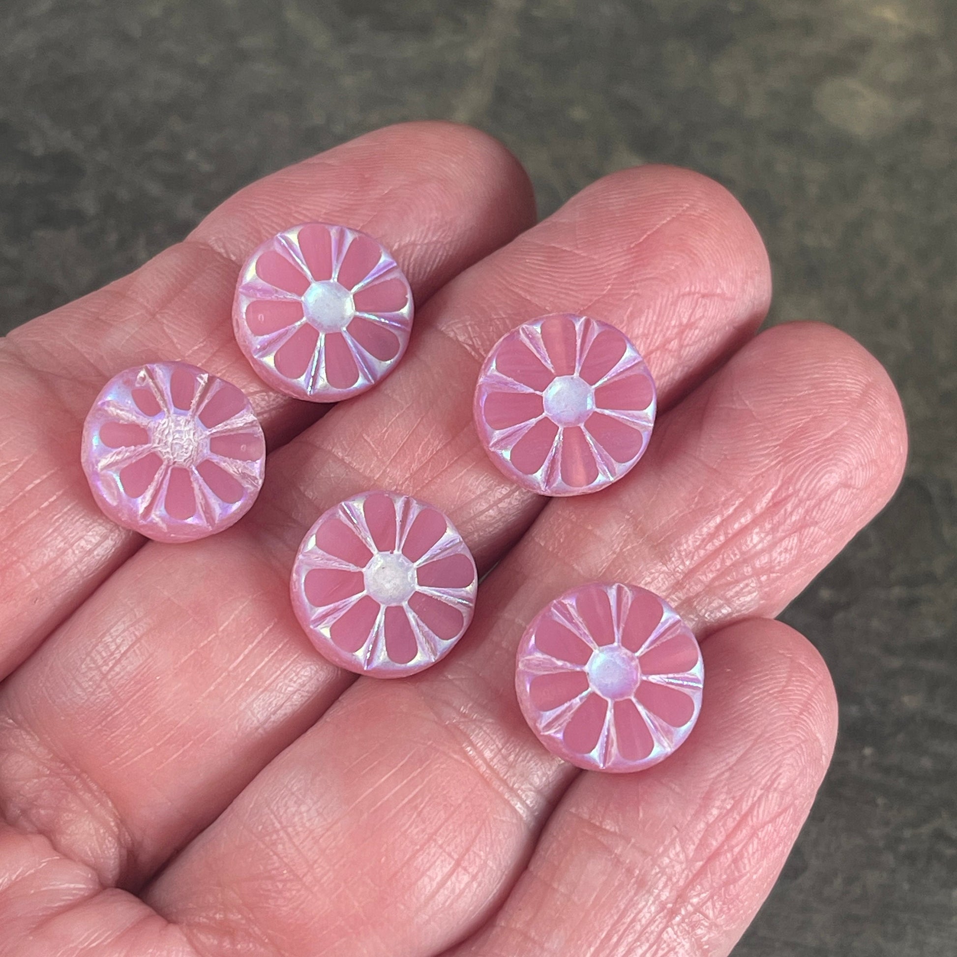 Cotton Candy Pink Opal Sunflower Coin Bead with White AB Finish, 12mm Opaque Light Pink Flower Czech Glass Beads (TCF-52) * Qty. 8