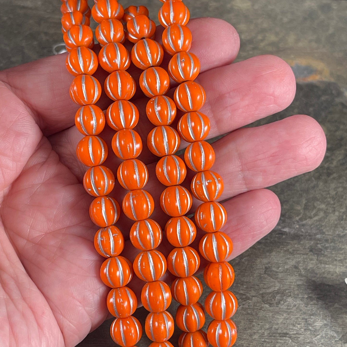 8mm Czech Glass Beads, Opaque Bright Orange with Silver Wash Glass Beads, Melon Beads (ML8/74) * Qty. 15