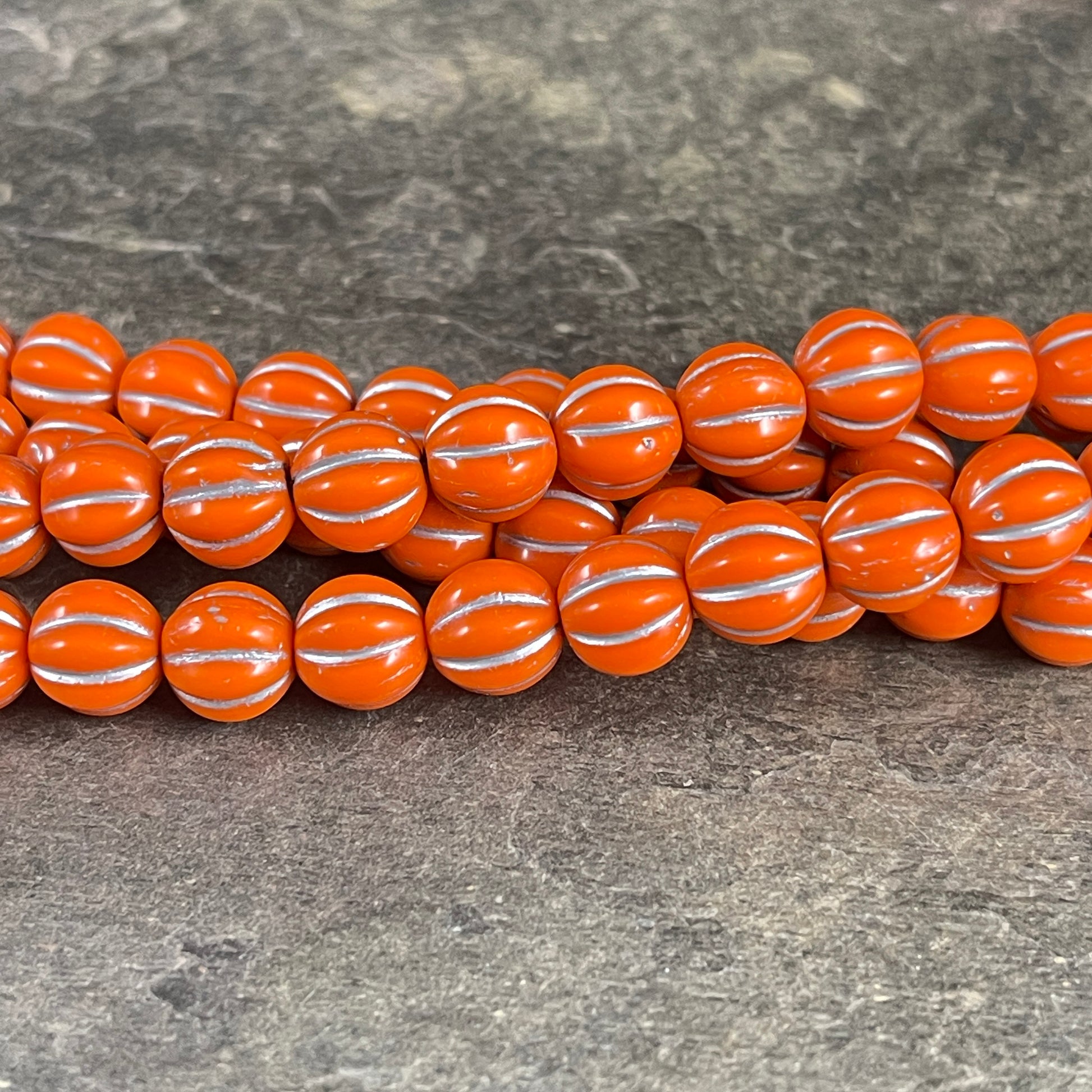 8mm Czech Glass Beads, Opaque Bright Orange with Silver Wash Glass Beads, Melon Beads (ML8/74) * Qty. 15