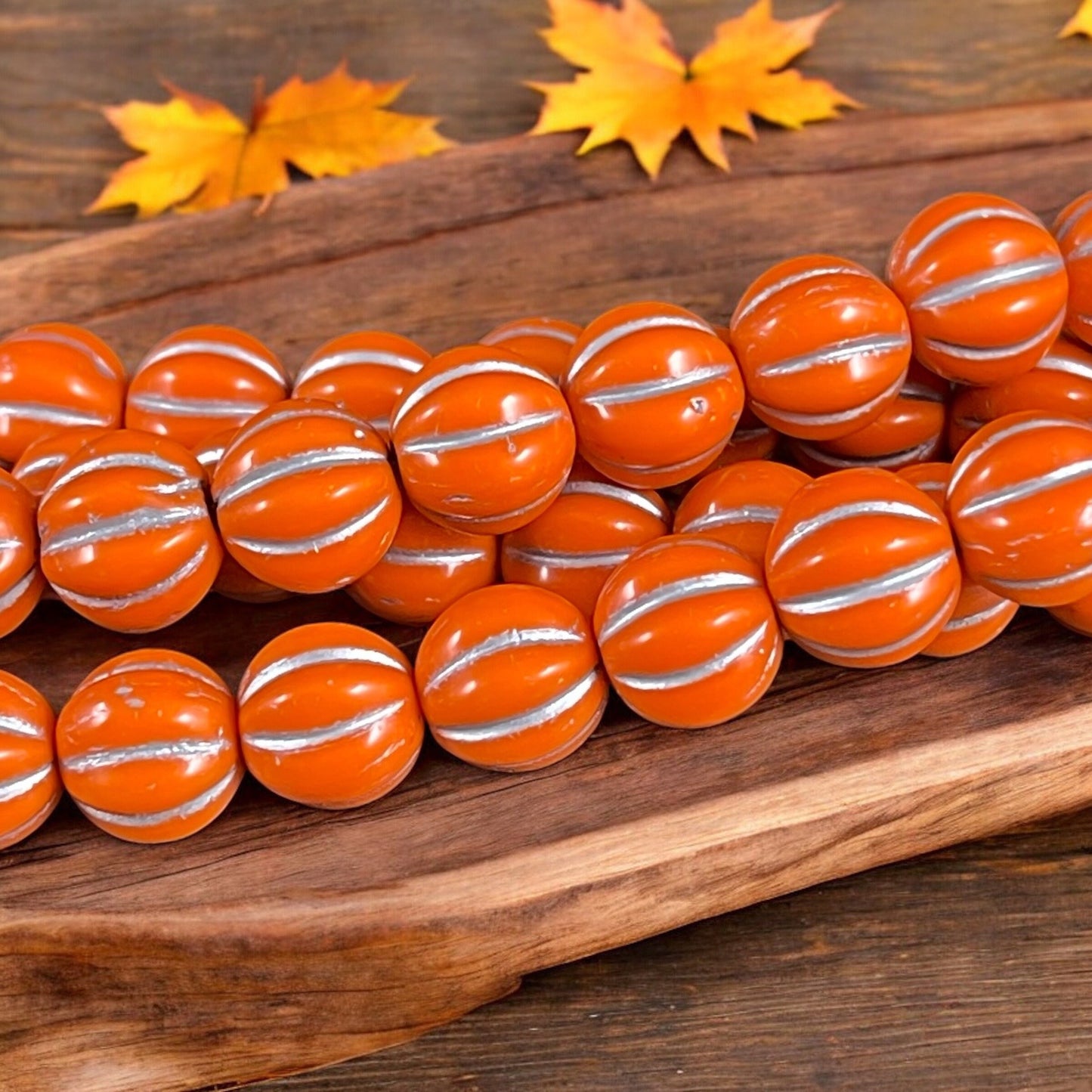 8mm Czech Glass Beads, Opaque Bright Orange with Silver Wash Glass Beads, Melon Beads (ML8/74) * Qty. 15