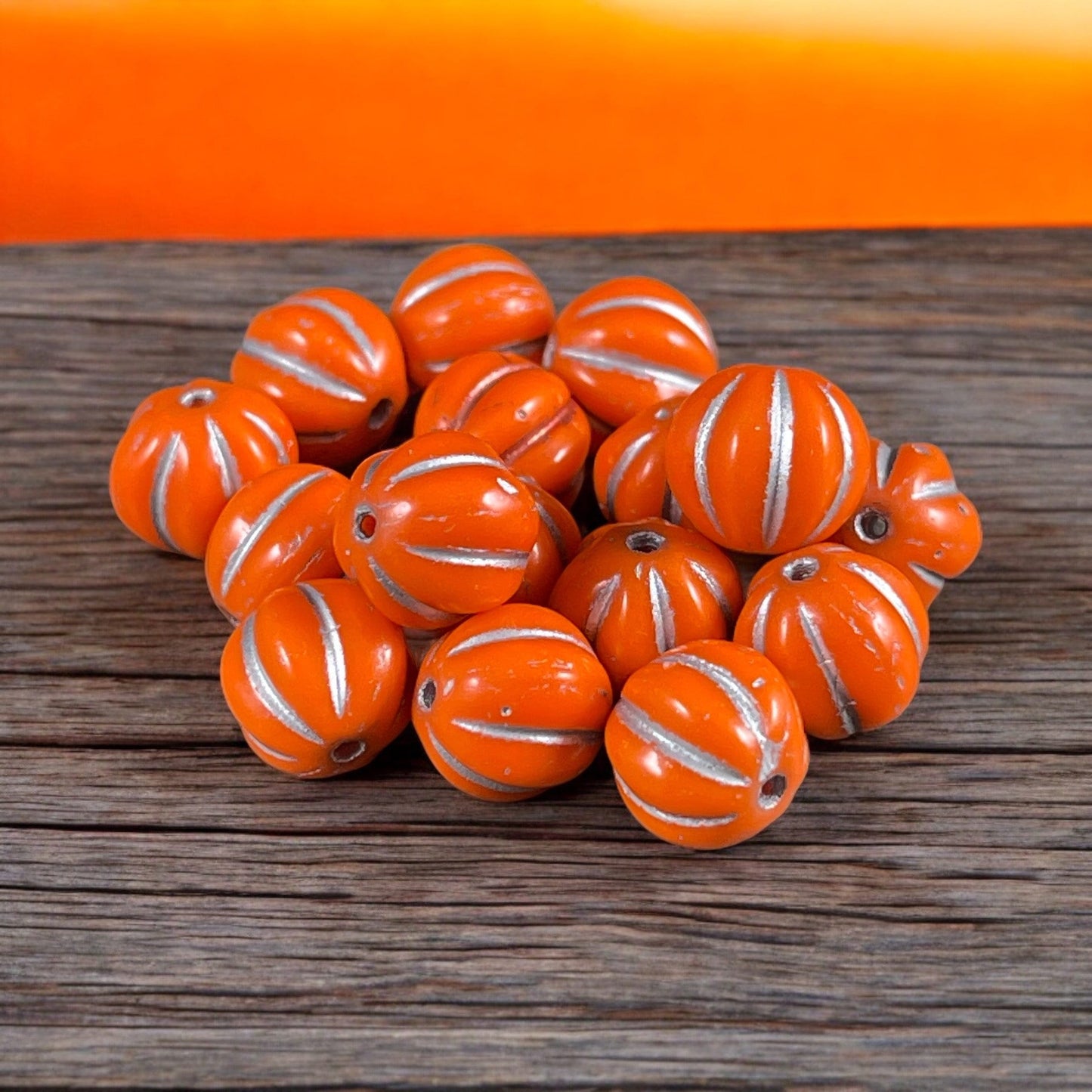 8mm Czech Glass Beads, Opaque Bright Orange with Silver Wash Glass Beads, Melon Beads (ML8/74) * Qty. 15