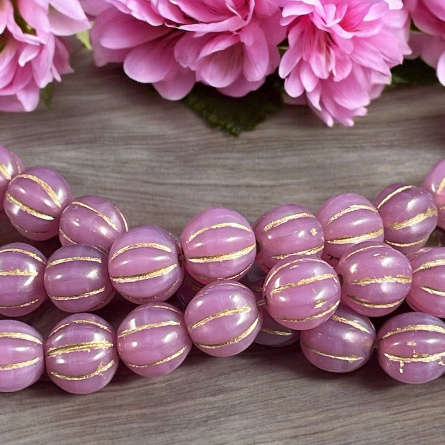 8mm Rose Opal Czech Glass Beads, Pink with Gold Wash Glass Melon Beads (ML8/73) * Qty. 15