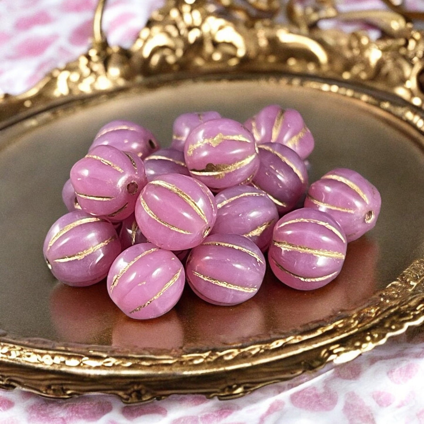 8mm Rose Opal Czech Glass Beads, Pink with Gold Wash Glass Melon Beads (ML8/73) * Qty. 15